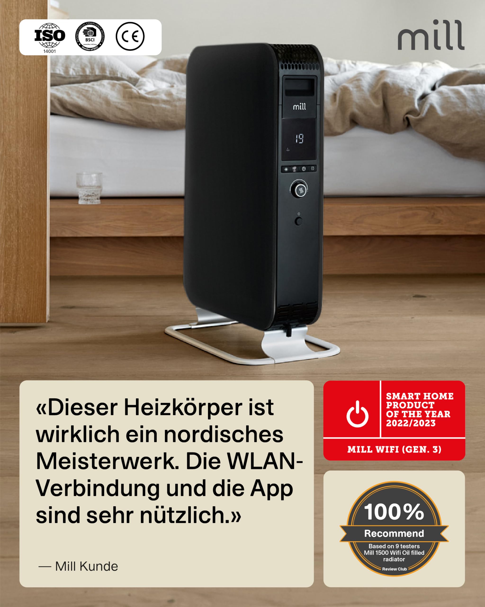 Mill Ölradiator Elektro Heizkörper 1500W - WIFI Smarte Elektroheizung mit App, Heizung elektrisch 18-22m², Ölradiator energiesparend, Elektroheizkörper leise & sicher, Designed in Norwegen - schwarz