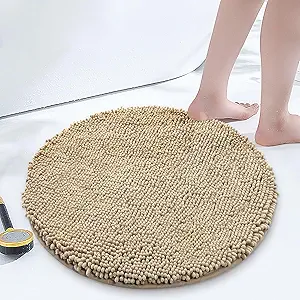 Smiry Luxury Chenille Round 24x24, Extra Soft and Absorbent Shaggy Bathroom Mat Rugs, Machine Washable, Non-Slip Plush Carpet for Tub, Shower, and Bath Room, Beige