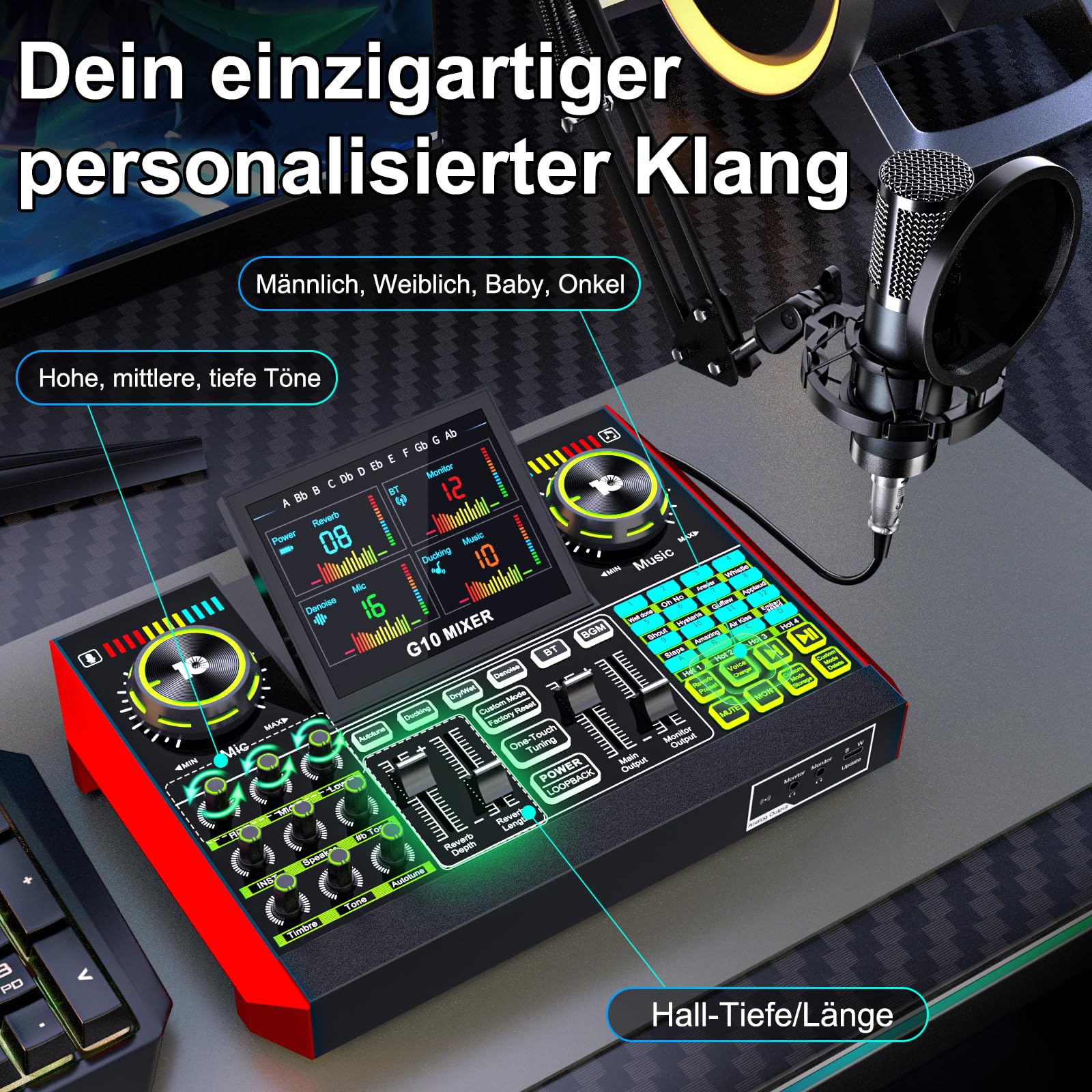TENLAMP G10 Podcast-Equipment, Audio-Interface mit Soundeffekten, 3,5mm Kondensatormikrofon, Mikrofonarm, Latenzfreies Hardware-Autotune, Echtzeit-Monitoring, Rauschunterdrückung, für PC, Handy