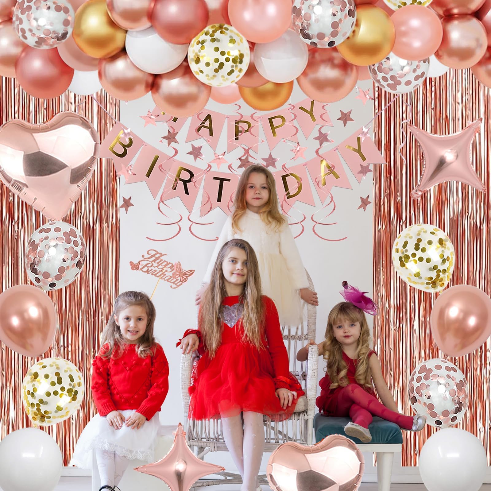 NANINUNENO 15th Rose Gold Birthday Party Decorations for Girls, Rose Gold Happy Birthday Banner, Fringe Curtains, Heart Foil Balloons, Confetti Balloons, Cake Topper for 15th Birthday Decorations