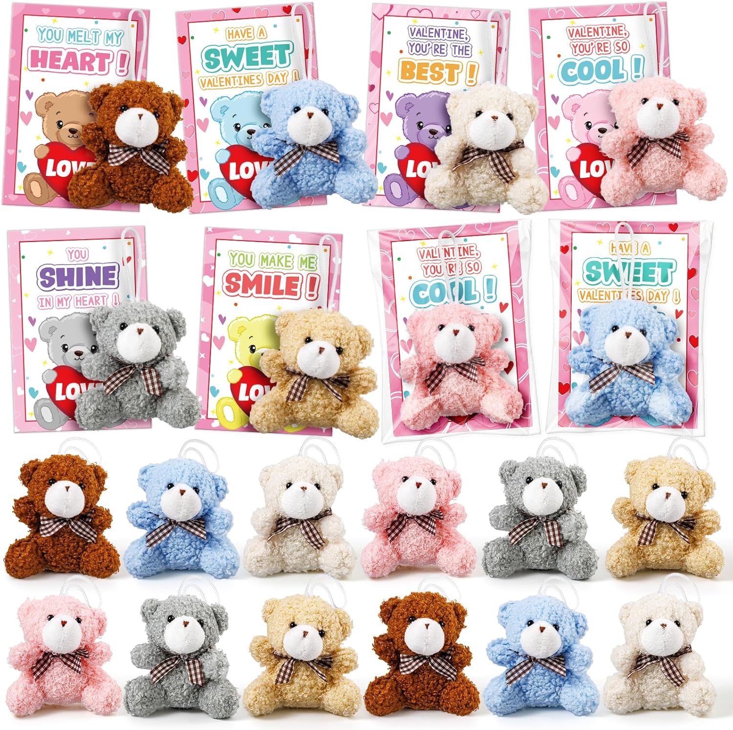 Valentines Day Cards for Kids School, 24 Pack Mini Plush Bear Keychain Valentines Day Gifts for Boys Girls, Stuffed Animal Toys for Valentine's Gifts Classroom Exchange Prize, Valentine's Party Favors