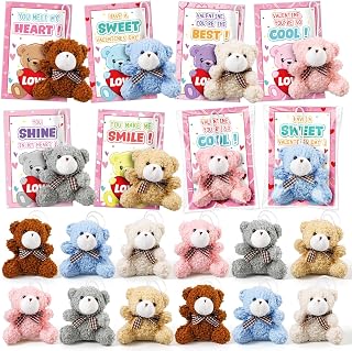Valentines Cards for Kids Classroom with 24 Pack Cute Bear , Plush Valentine Day Gifts for Kid, Valentines Day Cards for Kids School, Class Prizes, Gifts Exchange, Party Favors for Boys Girls