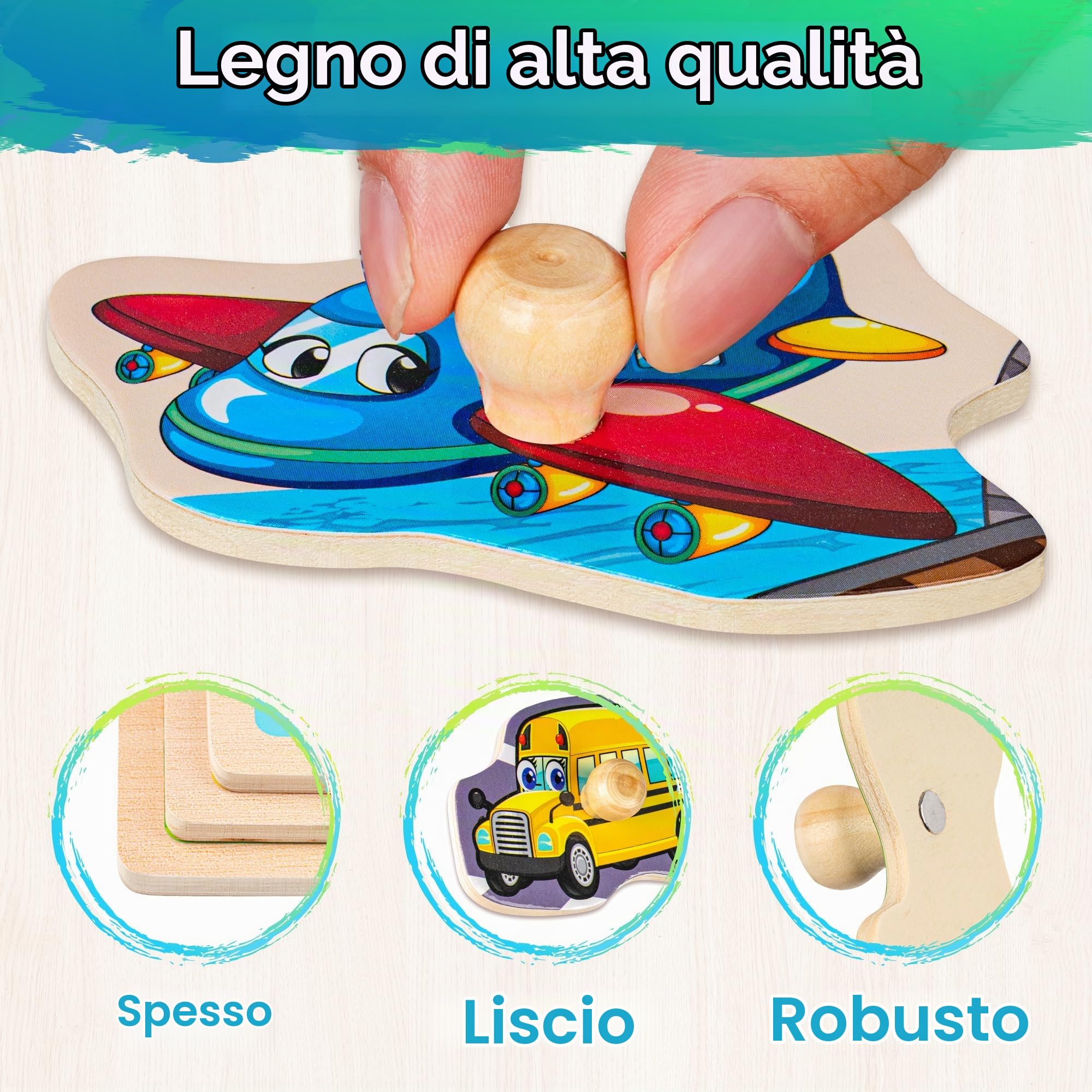 SYNARRY Puzzle in Legno per Bambini 1-4 Anni - 6 Pezzi con Rack, Apprendimento Alfabeto, Numeri, Forme, Animali, Dinosauri, Veicoli - Giocattolo Educativo con Supporto