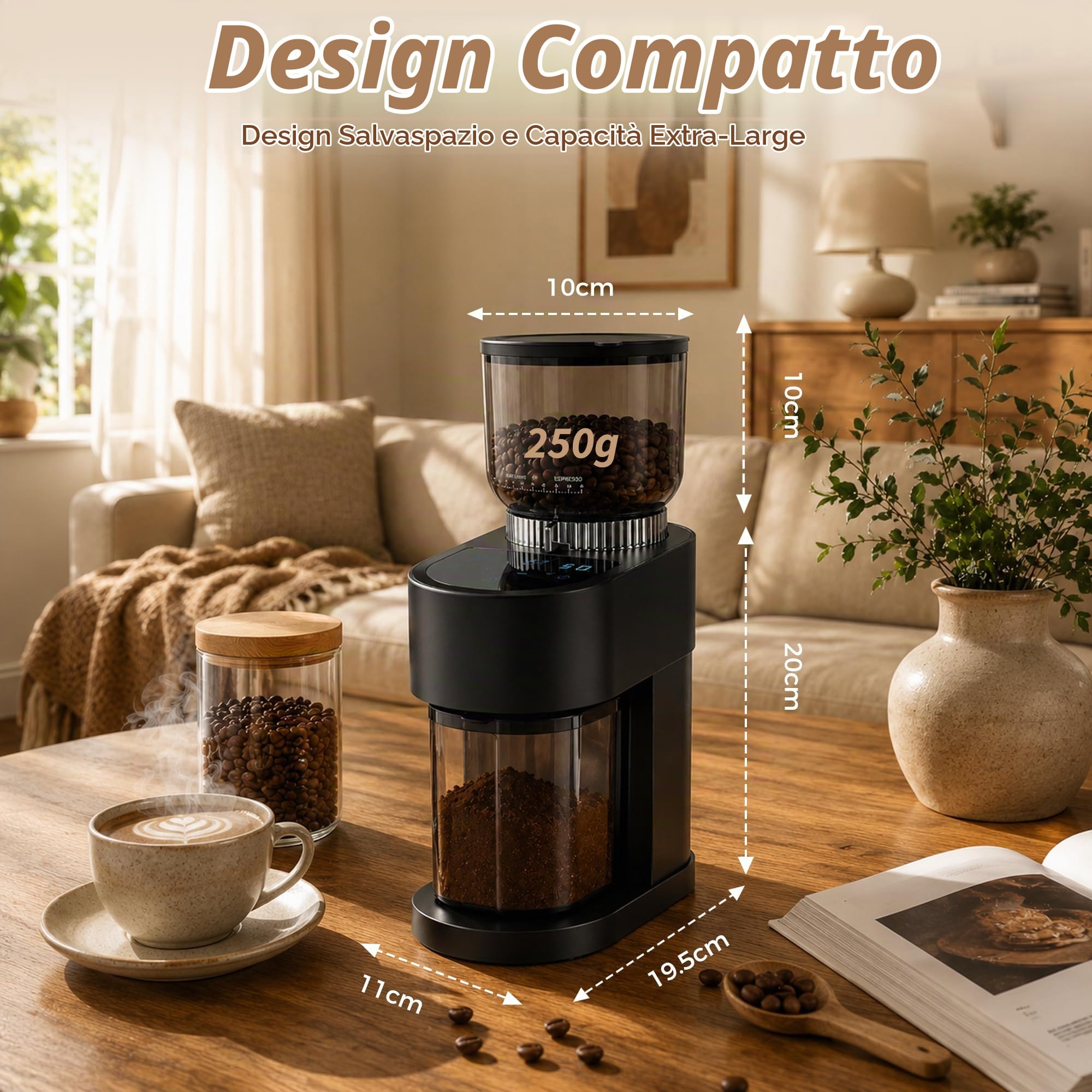 Macinacaffè elettrico, 60 gradi di macinazione, macinino conico da 48 mm, macinino per chicchi di caffè con supporto portafiltro e soffietto, display touch digitale, per espresso, French press