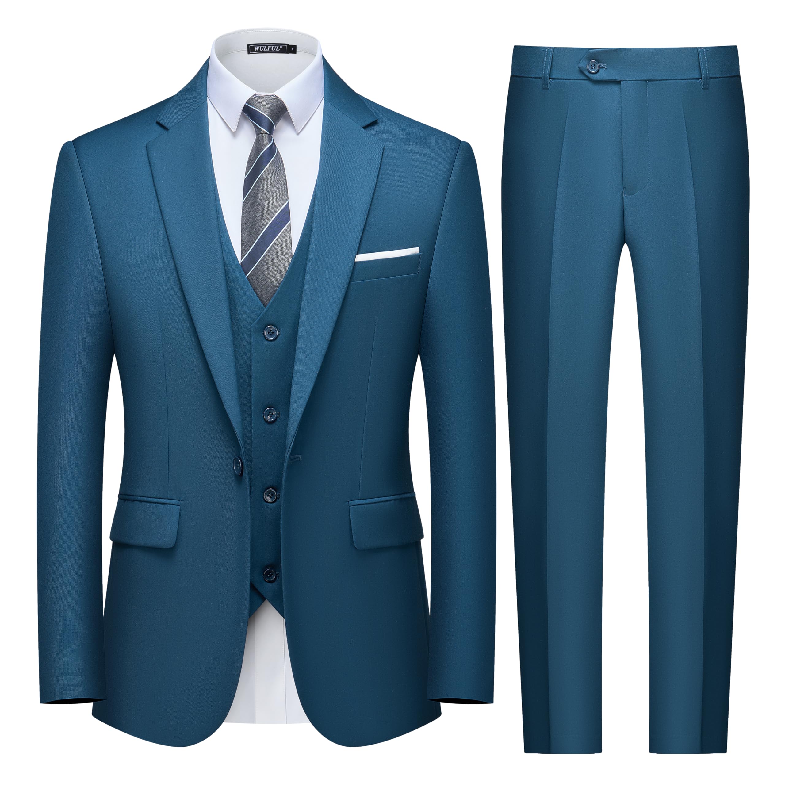 WULFUL Men's Slim Fit 3 Piece Suit, One Button Solid Blazer Business Party Jacket Vest Pants Set