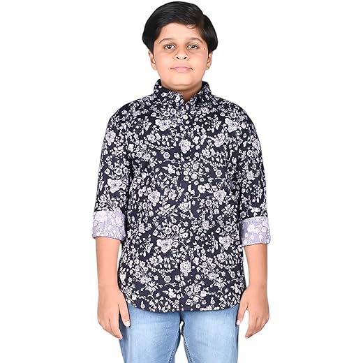 Boys Dark Blue Flower Print Shirt