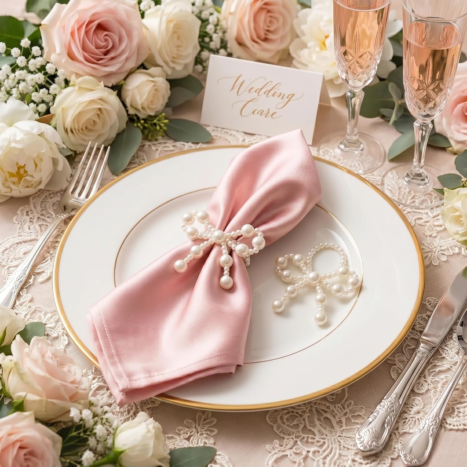 Pearl Napkin Rings 20PCS | Gold Napkins Ring | White Bow Beaded Napkins Holder | Disposable Napkin Holders Beaded Serviette Buckles for Wedding Party Banquet Dinner Table Decor and Daily Use(white,20) image 2