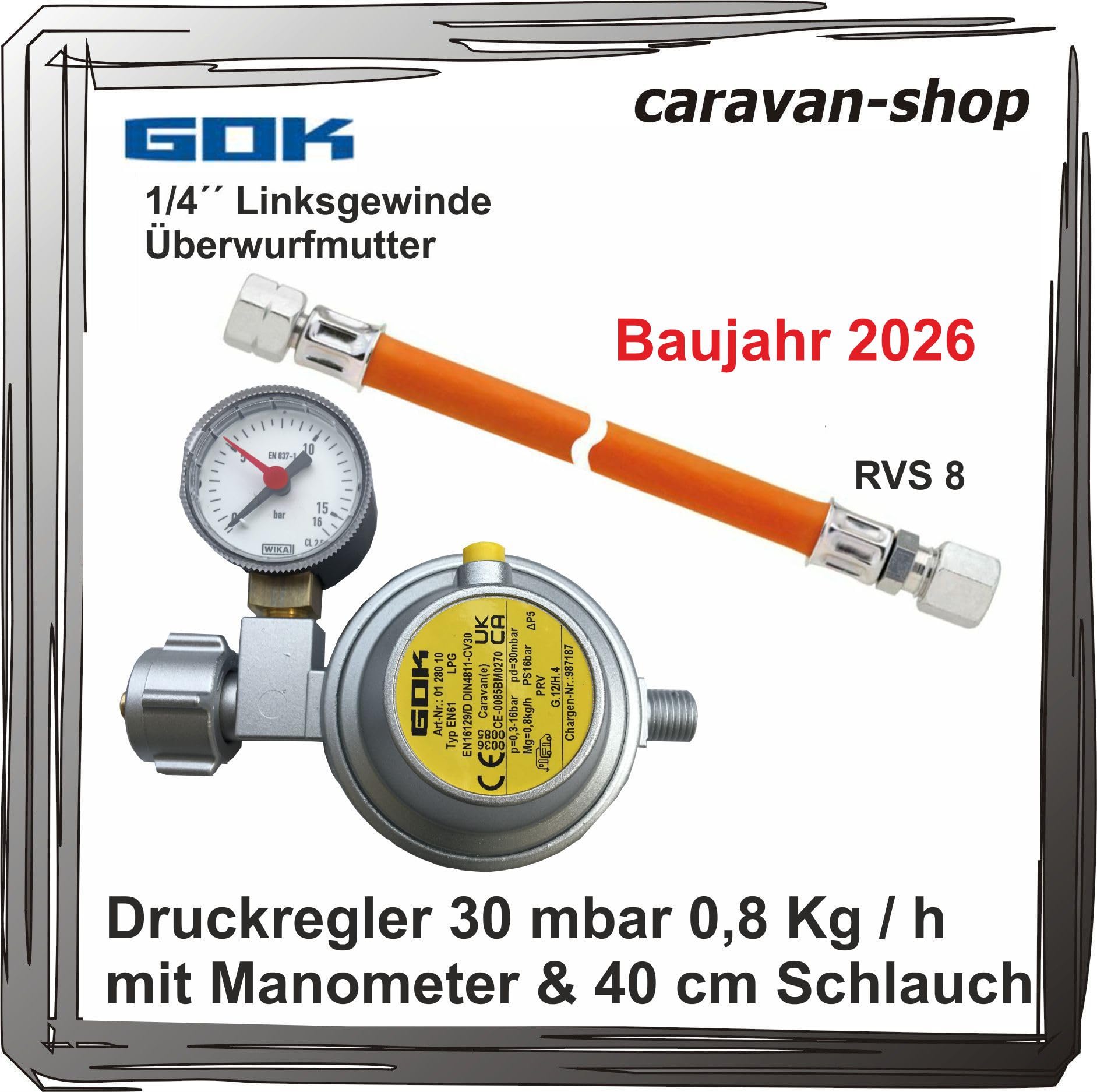 Caravanregler 30 mbar 0,8kg/h mit Manometer + Schlauch 40cm für Caravan Wohnmobil Propangas PS 16 bar