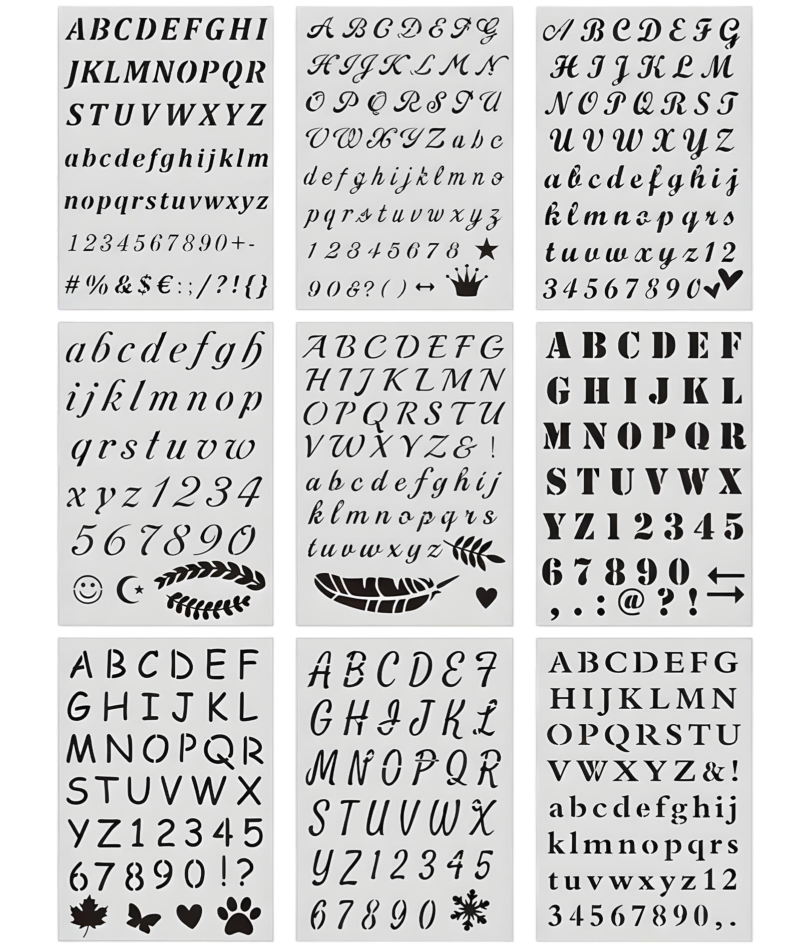 9 Pieces Stencils for Craft and Art, Alphabet and Number Stencils for Wall Painting Home, Reusable Painting Stencils for DIY Projects, Fabric and Wall Decoration (White)-image-4