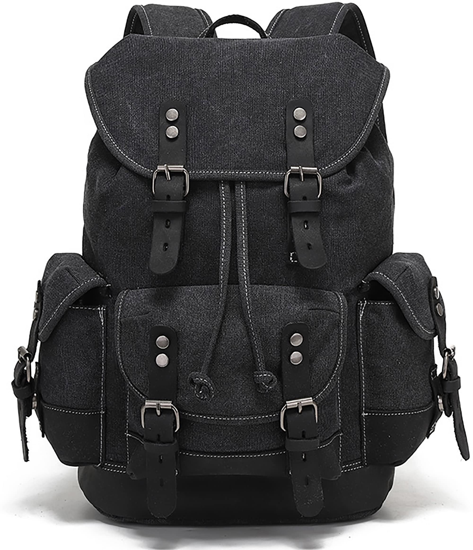 HuaChen Vintage Leather Backpack: Spacious Durable Canvas Rucksack for Men & Women, Perfect for Travel and College Life - M86 Black