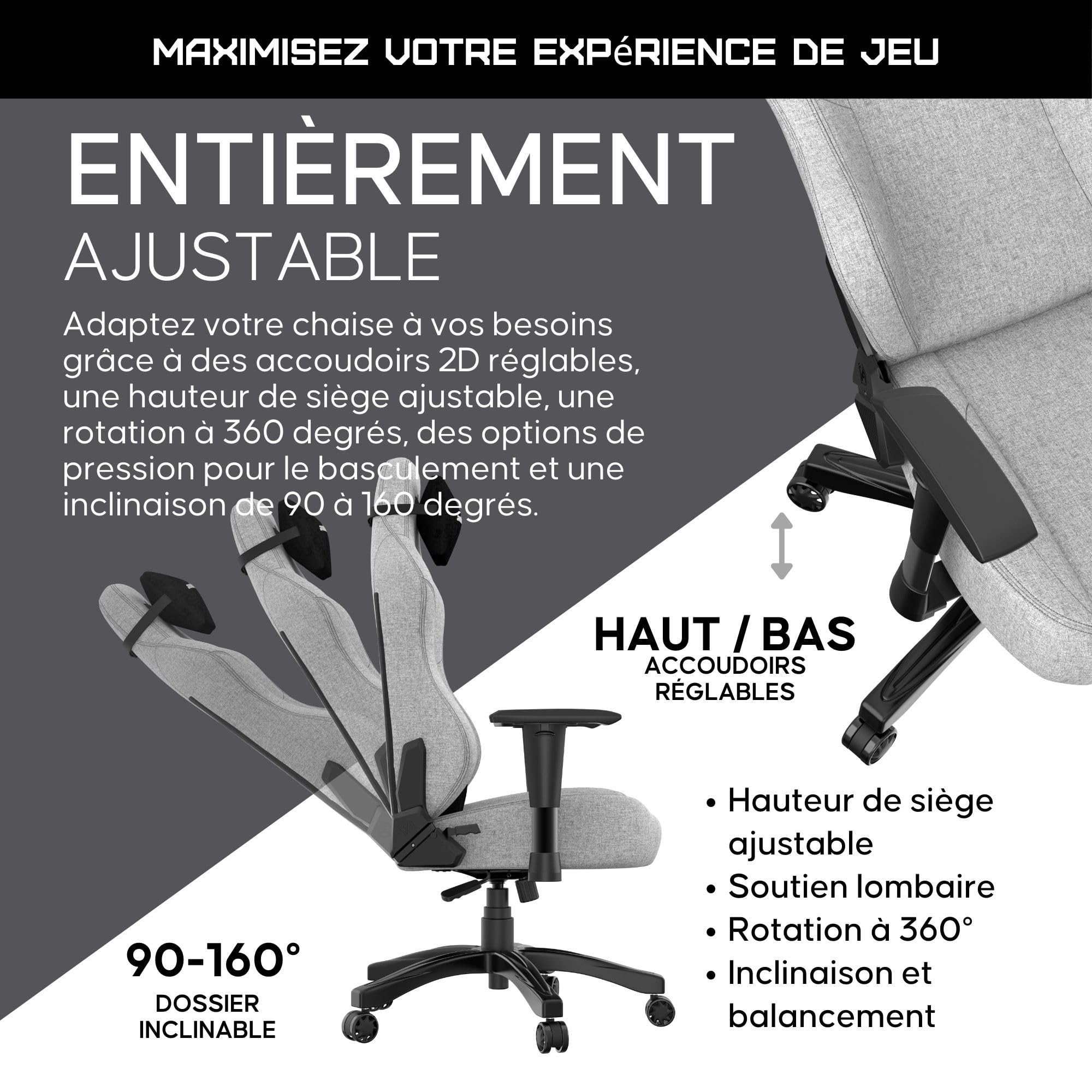 Anda Seat Phantom 3 Grande Chaise Gaming en Tissue Gris – Fauteuil Gaming Adulte, Accoudoirs Réglables 2D, Grande Coussins pour la Tête et Les Lombaires – Chaise Gaming Ergonomique pour La Bureau