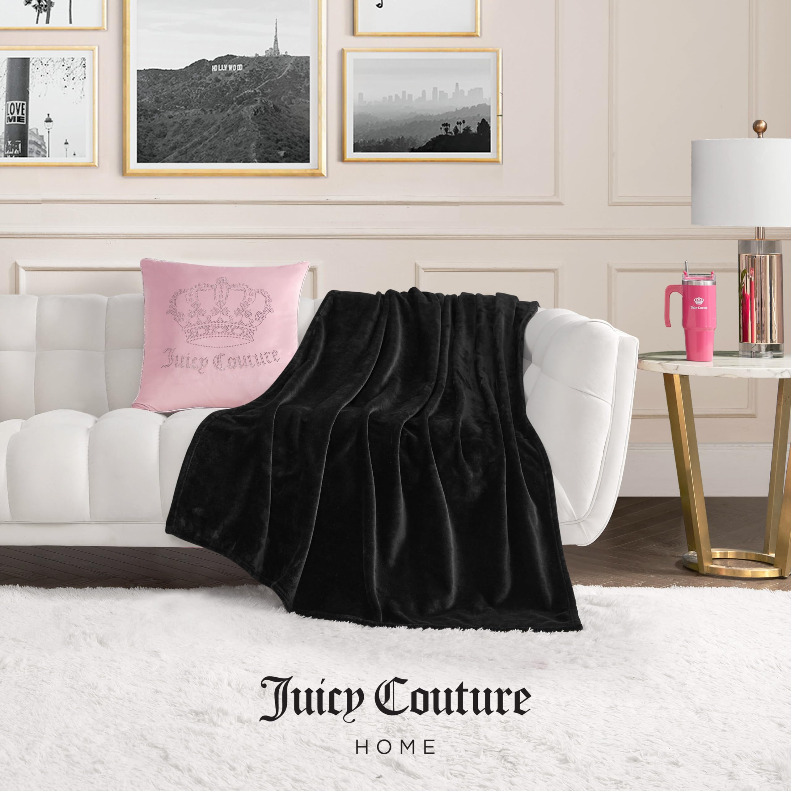 Juicy Couture – Throw Blanket | Juicy Emblem | Plush and Cozy | Decorative Blankets for Sofas, Chairs and Beds| Luxurious and Soft | Chic Home Décor | Measures 50” x 70” | Pink/Black/White