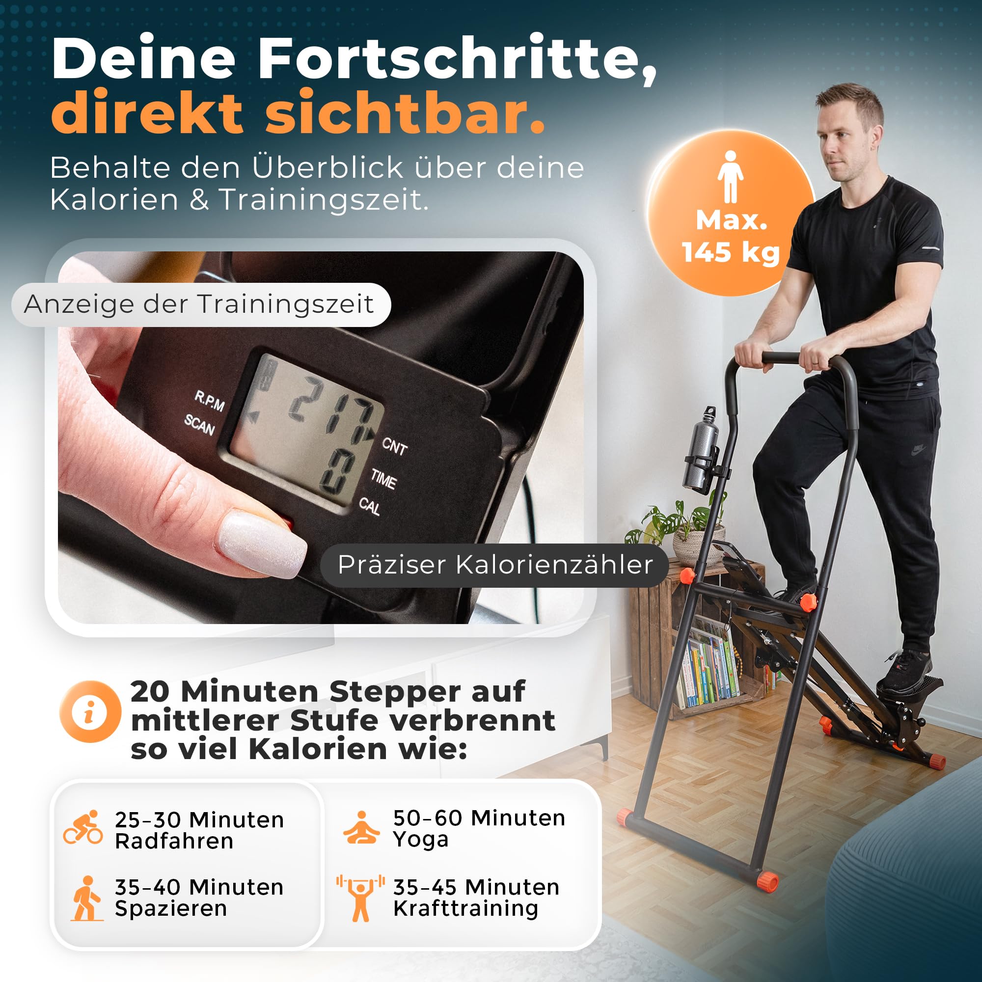 Stairmaster für Zuhause – Movana Treppensteiger Fitnessgerät mit 3 Schwierigkeitsstufen für Beginner, Testsieger, Handy- & Flaschenhalter, Cardio & Kraft, Stair Climber Stepper Heimtrainer