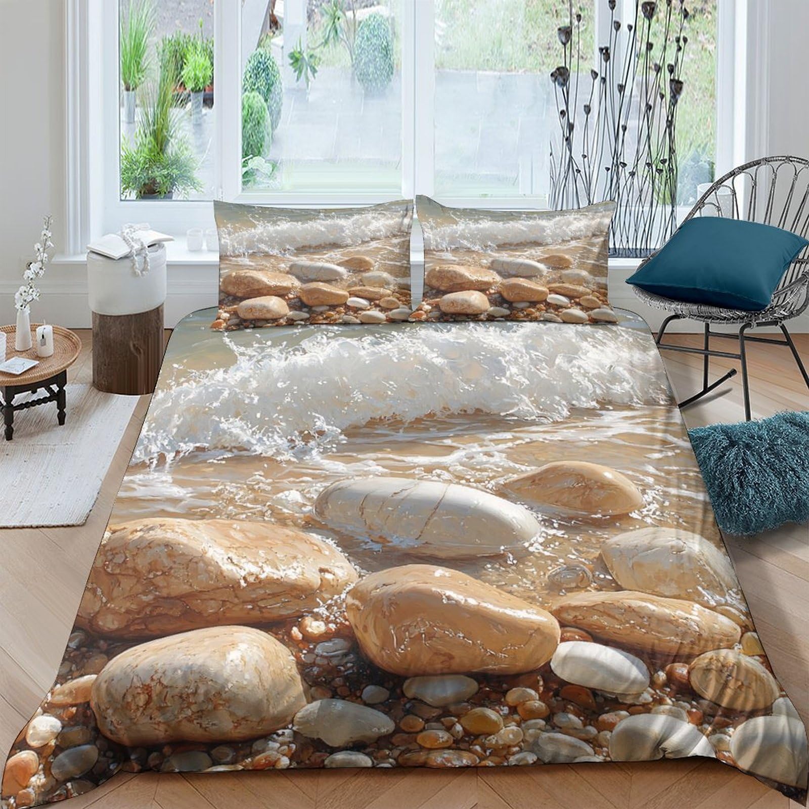 Ctjqhvkz Style-8 3D Printed River Stone Fitted Sheet Microfiber Soft Non-Slip Pebble Bed Cover For Bedroom Guest Room Decor Single（135X200cm）