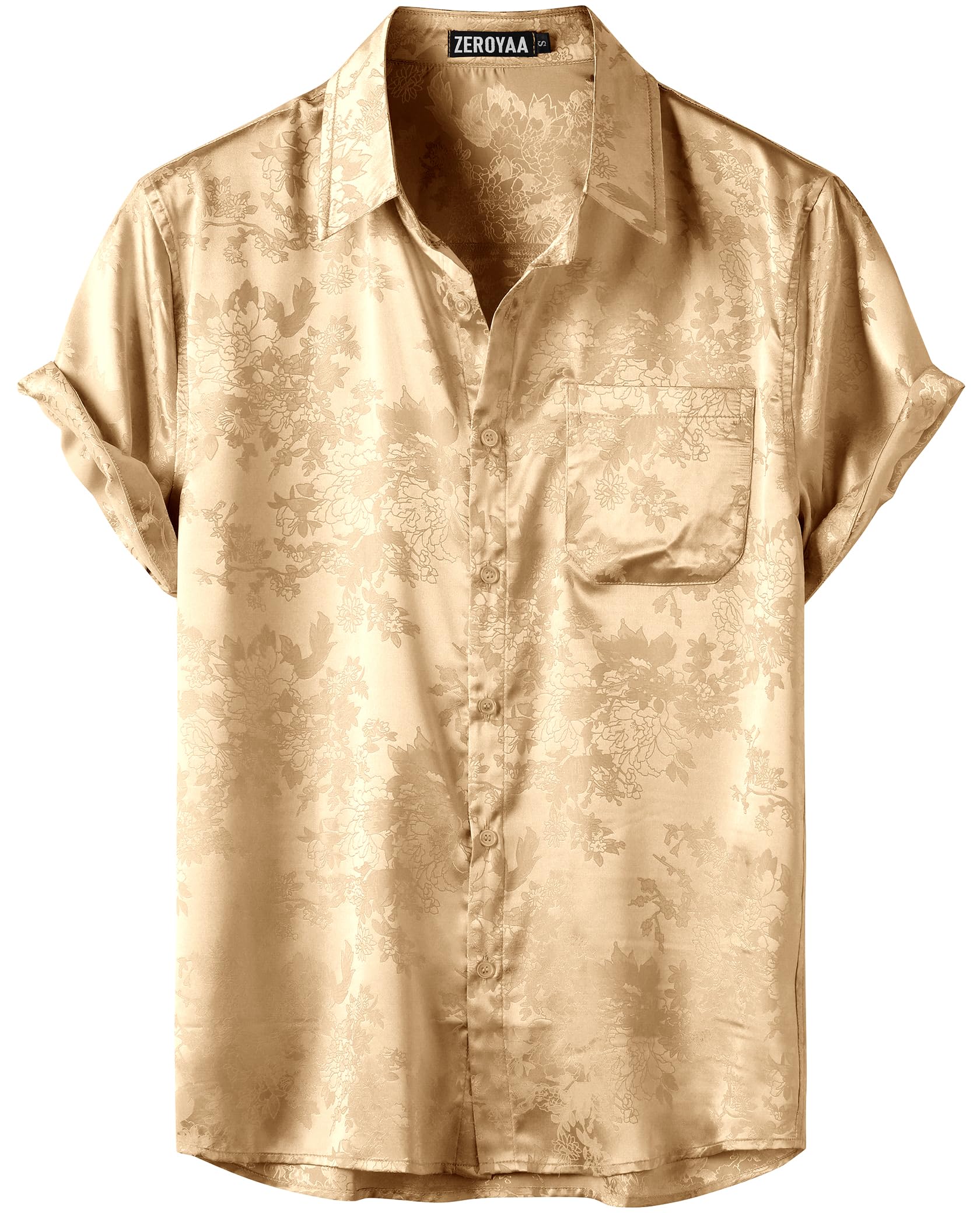 ZEROYAA Men's Shiny Luxury Silk Satin Floral Jacquard Short Sleeve Regular Fit Button Down Shirt for Party Prom