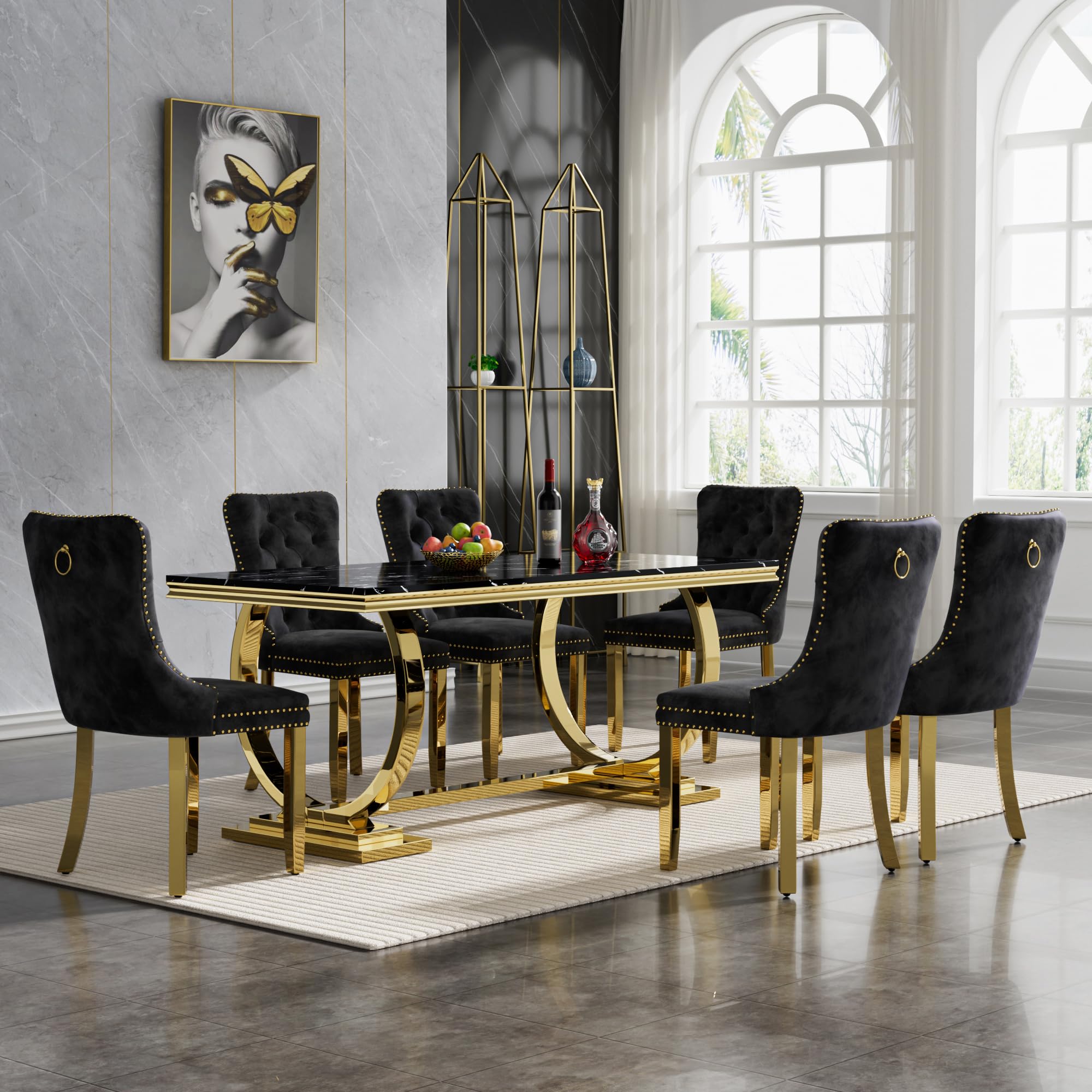 Amazon.com - 7 Piece Marble Dining Table Set for 6, Luxury 70" Black ...