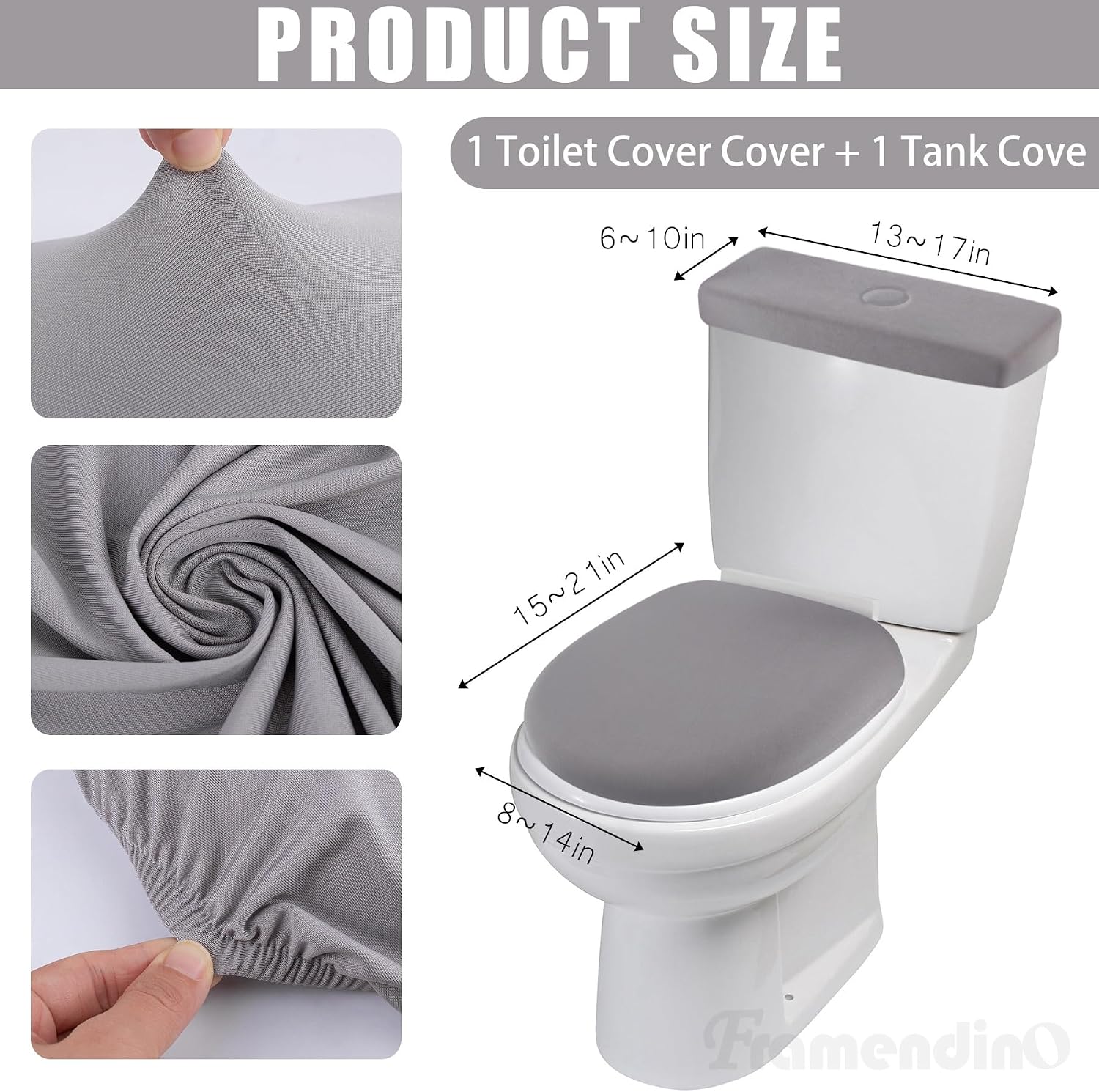 Framendino, Gray Toilet Lid Cover and Tank Seat with Elastic Bottom for Bathroom Decor