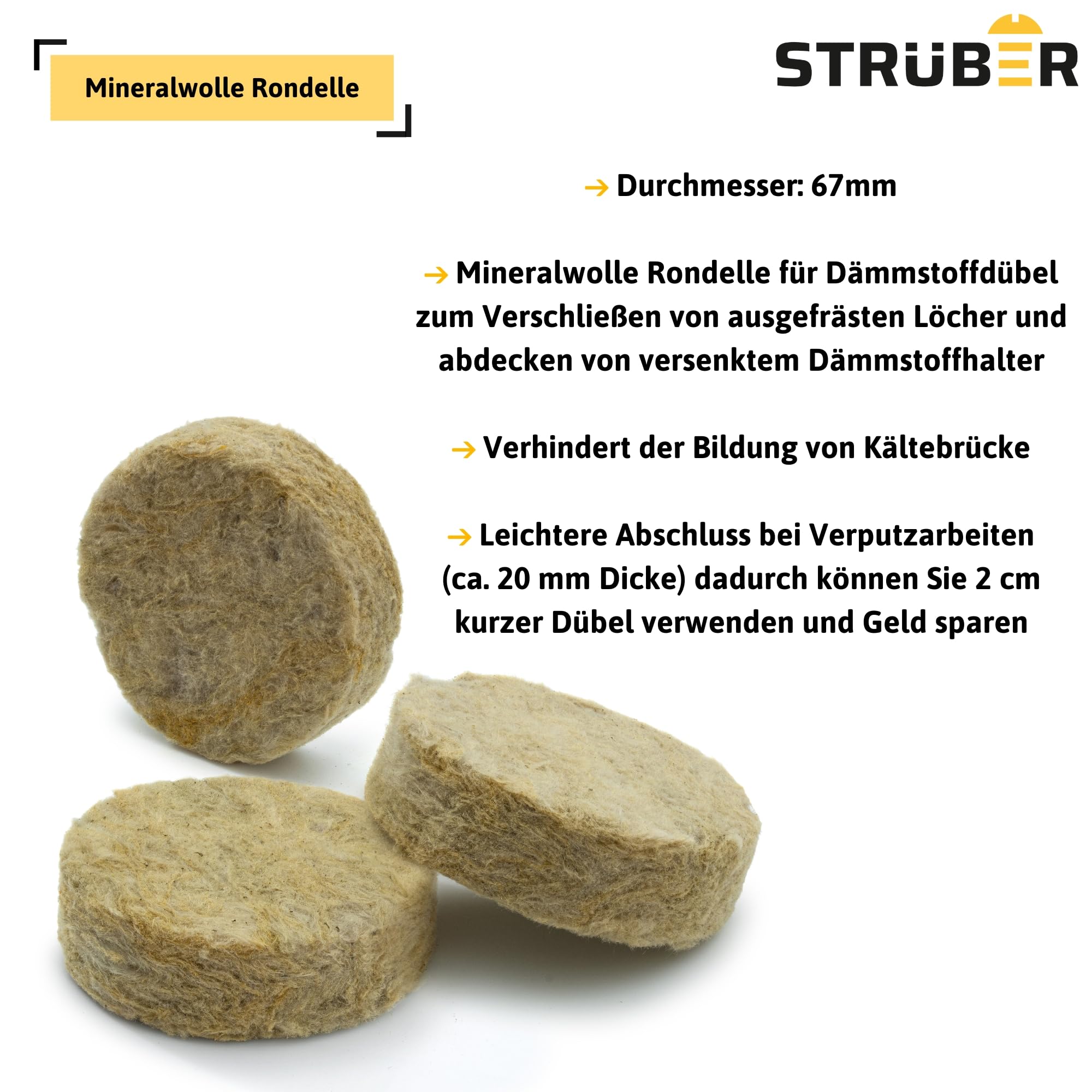 STRÜBER Mineralwolle Rondelle für WDVS (200 Stk.) / Fassadendämmung/Wärmedämmung/Mineralwolle Scheiben Abdeckkappen