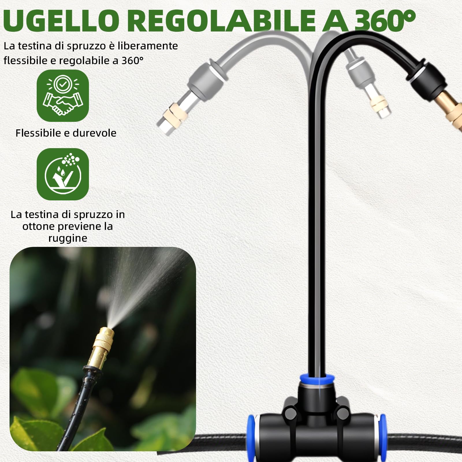 Set di sistemi di irrigazione – 15 metri con micro irrigatori girevoli a 360°, adatto per l'irrigazione automatica e uniforme di giardini da balcone, serre, piante in vaso e prati.