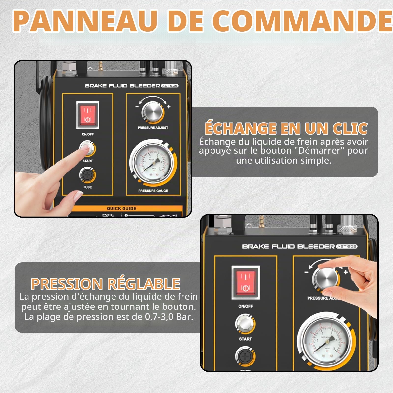 AST605 Purgeur de frein pour voiture, 220 V, automatique, avec 20 adaptateurs de 0,7 à 2,5 bar, pression réglable, dispositif de changement de liquide de frein