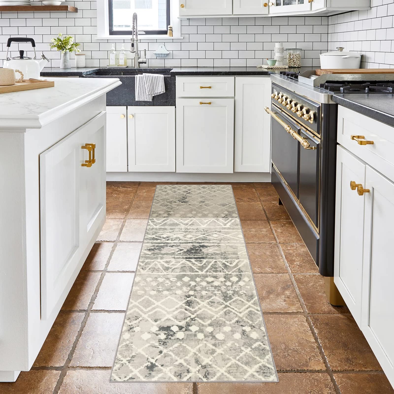 Carvapet Loper voor de gang, 90 x 150 cm, antislip lange keukentapijtloper, wasbaar vloerkleed, zachte microvezel geometrische vloertapijtloper (beige