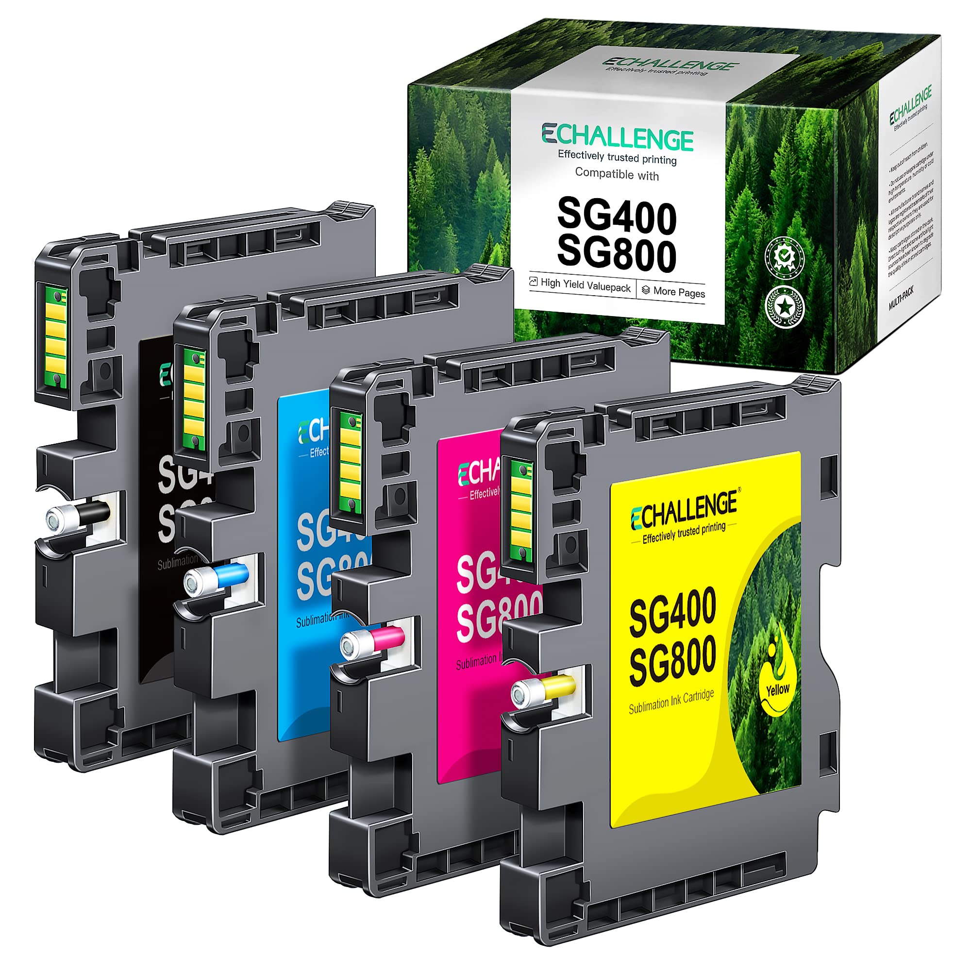 ECHALLENGE SG400 SG800 Sublimation Ink Cartridges for SAWGRASS Virtuoso SG400 SG800 Printers (4 Packs, Black, Cyan, Magenta, Yellow)