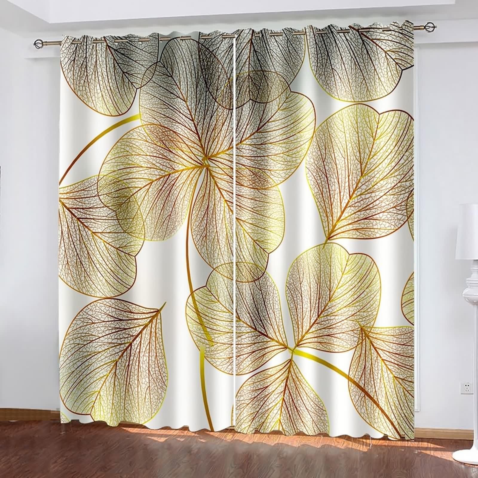 Voilage Fenetre, Rideau Mariage Or Polyester Motif de Feuille Décoration 137L x 229H CM Lot de 2
