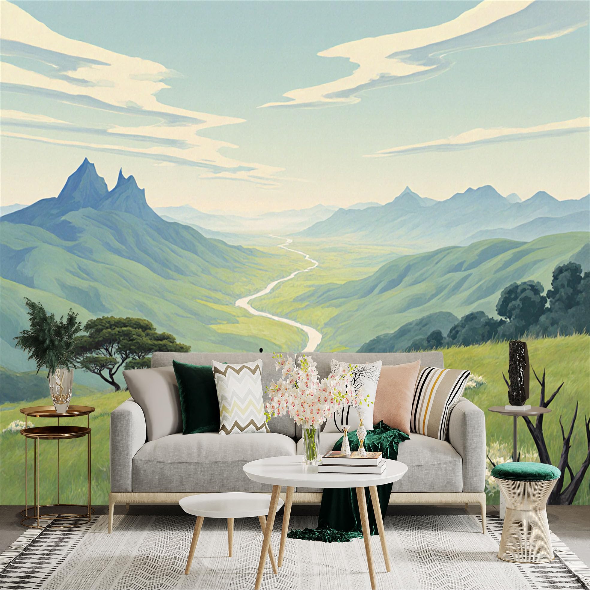 Lnzczhyre Xc260505380 Custom Size Wall Sticker Mural， Scenic Mountain Valley， Winding River Landscape， Peaceful Meadow View， Serene Nature Art， For Wall Decoration， Peelandstick Wall Decals.