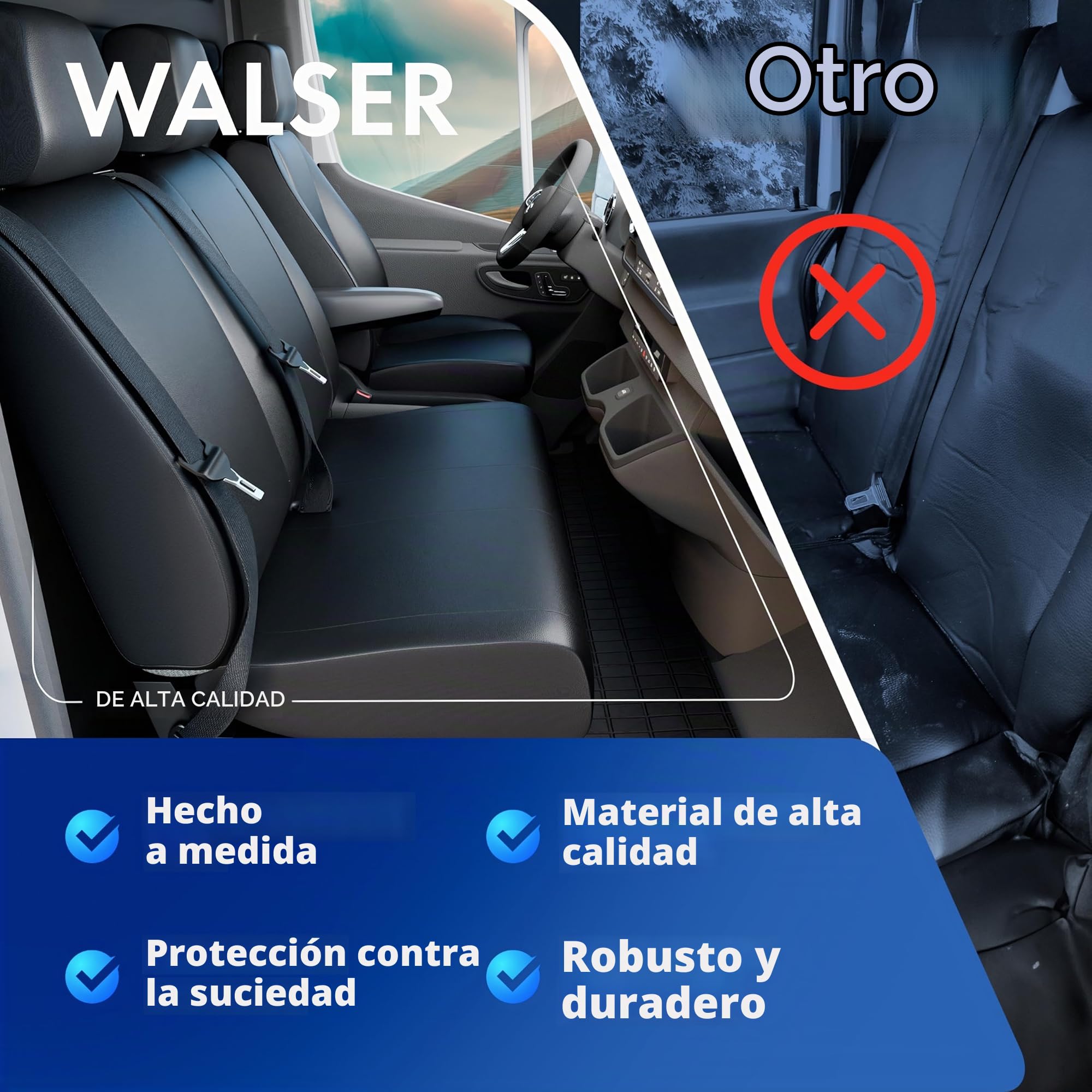 WALSER Fundas de asientos de coche Transporter en imitación de cuero compatible con VW Crafter, Mercedes Sprinter, 1 asiento individual delante (apoyabrazos) y banqueta doble plegable delante