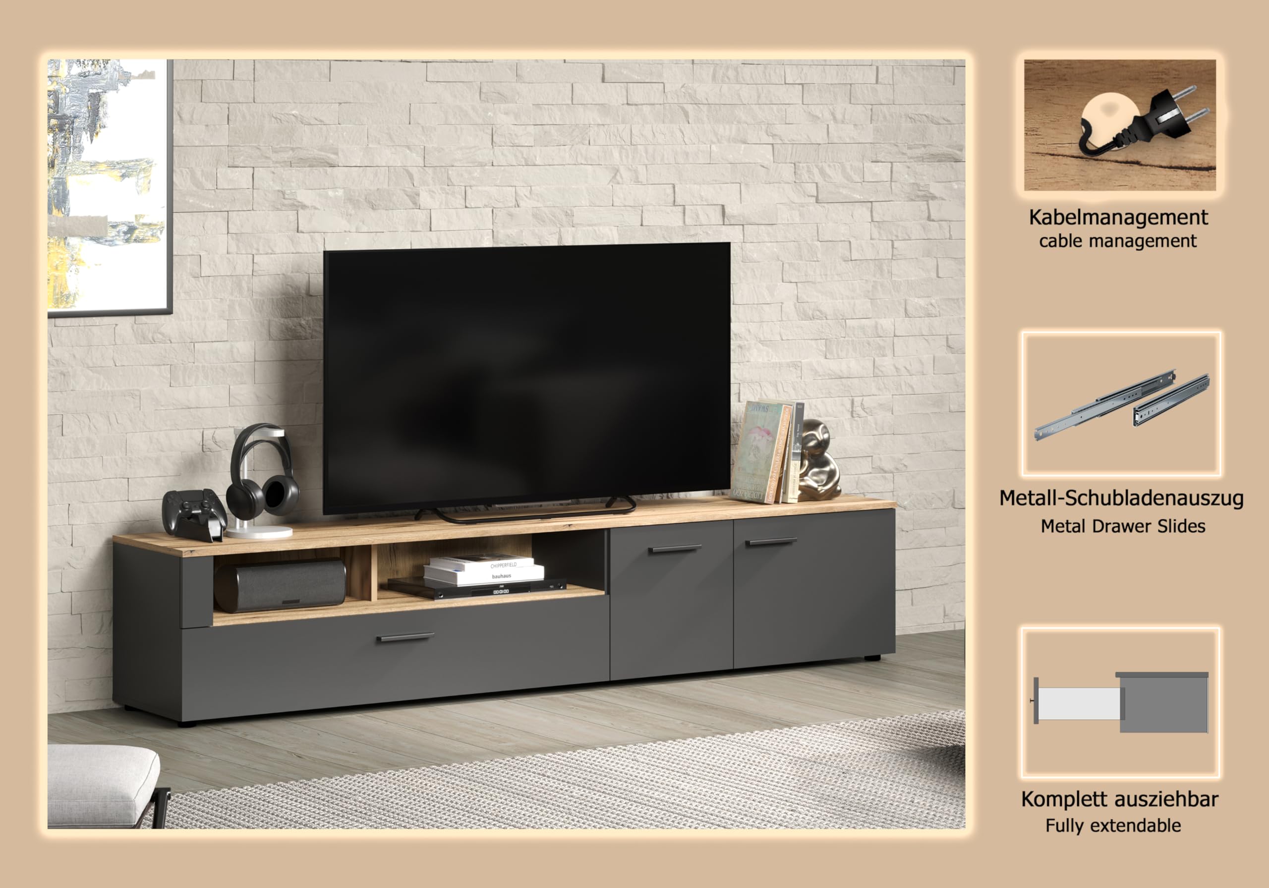 trendteam smart living - Esteban - TV-Schrank - Anthrazit/Evoke Eiche - (BxHxT) 210 x 43 x 41 cm - eleganter Fernsehschrank mit schwarzen Griffen - kratzfest