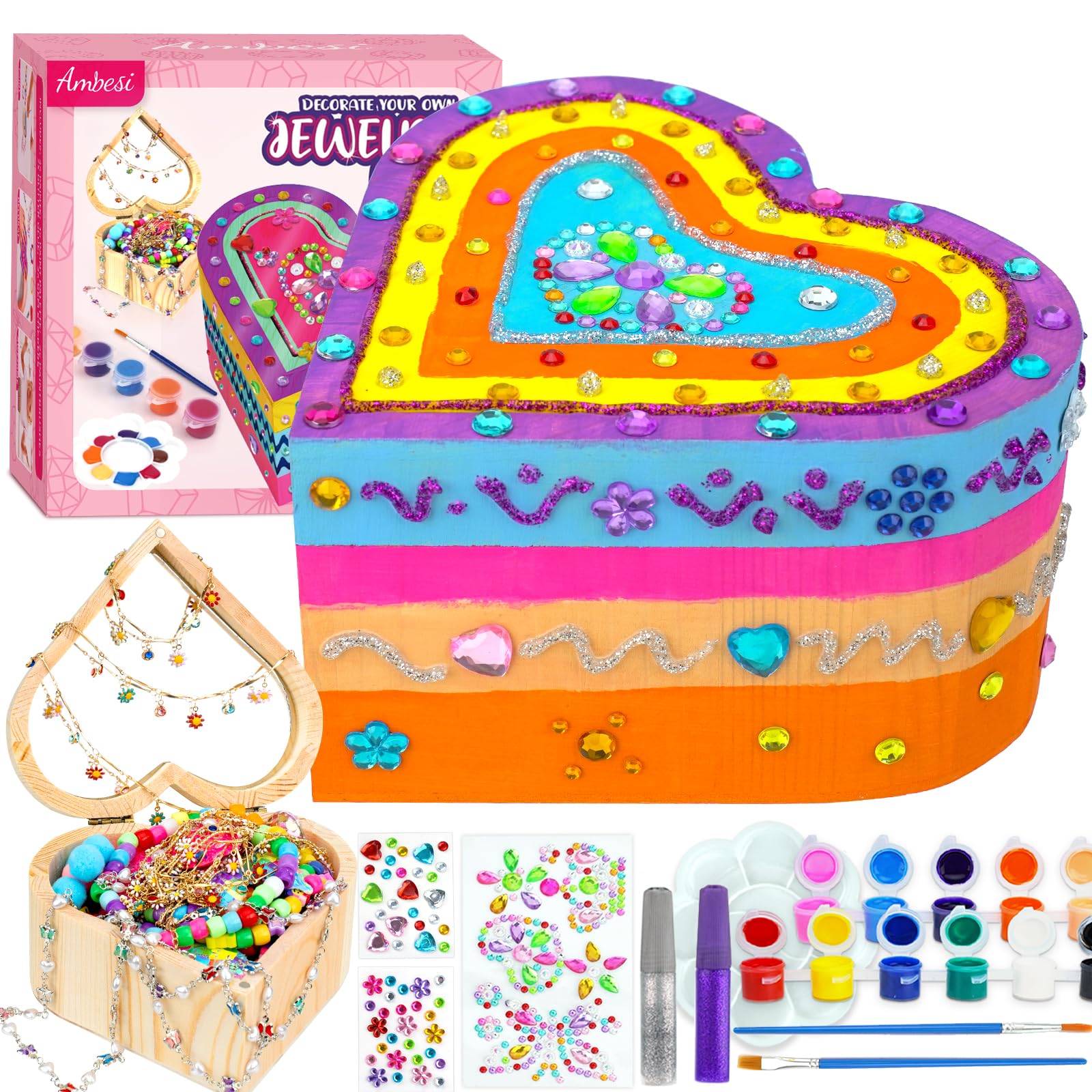 Ambesi Paint Your Own Wooden Jewelry Box, Art Heart Treasure Box Kit for Girls, Decorate Jewelry Box Kit for Kids Ages 4-6, 6-8, DIY Arts and Crafts Gift for Birthday Mother's Day