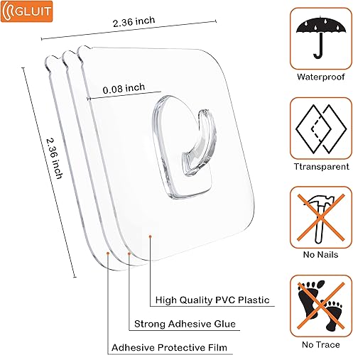 Miniatura 2 de GLUIT Ganchos transparentes de plástico adhesivo para pared sin taladro, tamaño mediano, 12 unidades