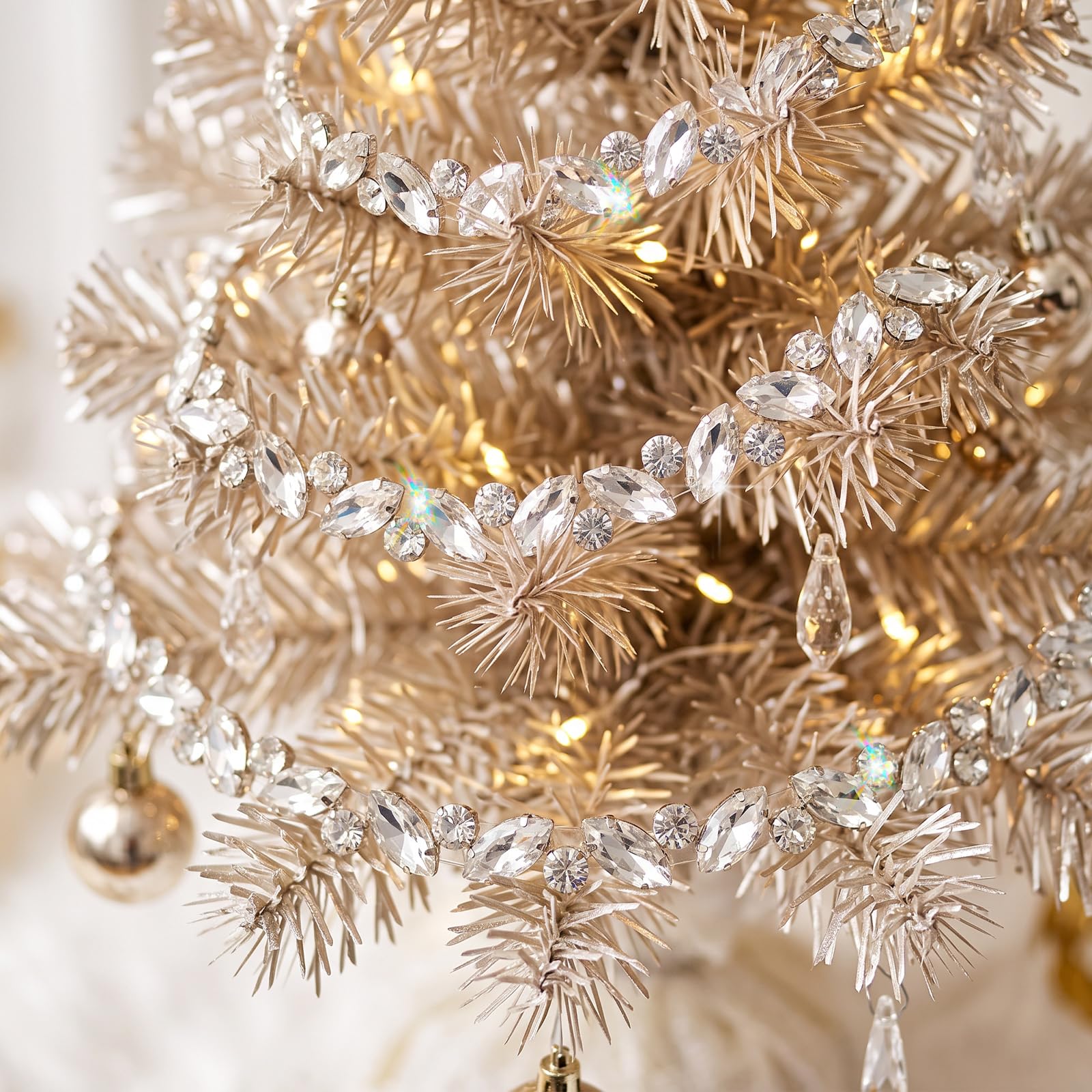 Yookeer Guirlande de perles en cristal argenté de 3,7 m pour sapin de Noël, navette à suspendre et fil rond en strass pour maison, couronne, cheminée, rampe, décoration de fête de mariage