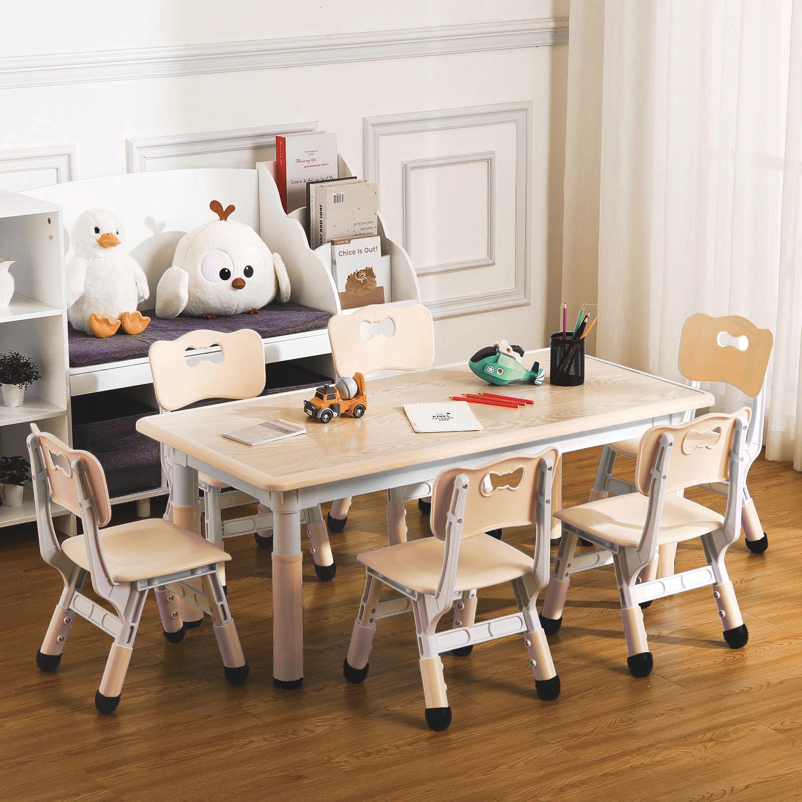kids table and chair set, height adjustable toddler arts & crafts table and 6 chair set for ages 2-10,max 300lbs kids activity art table for classroom daycares,home