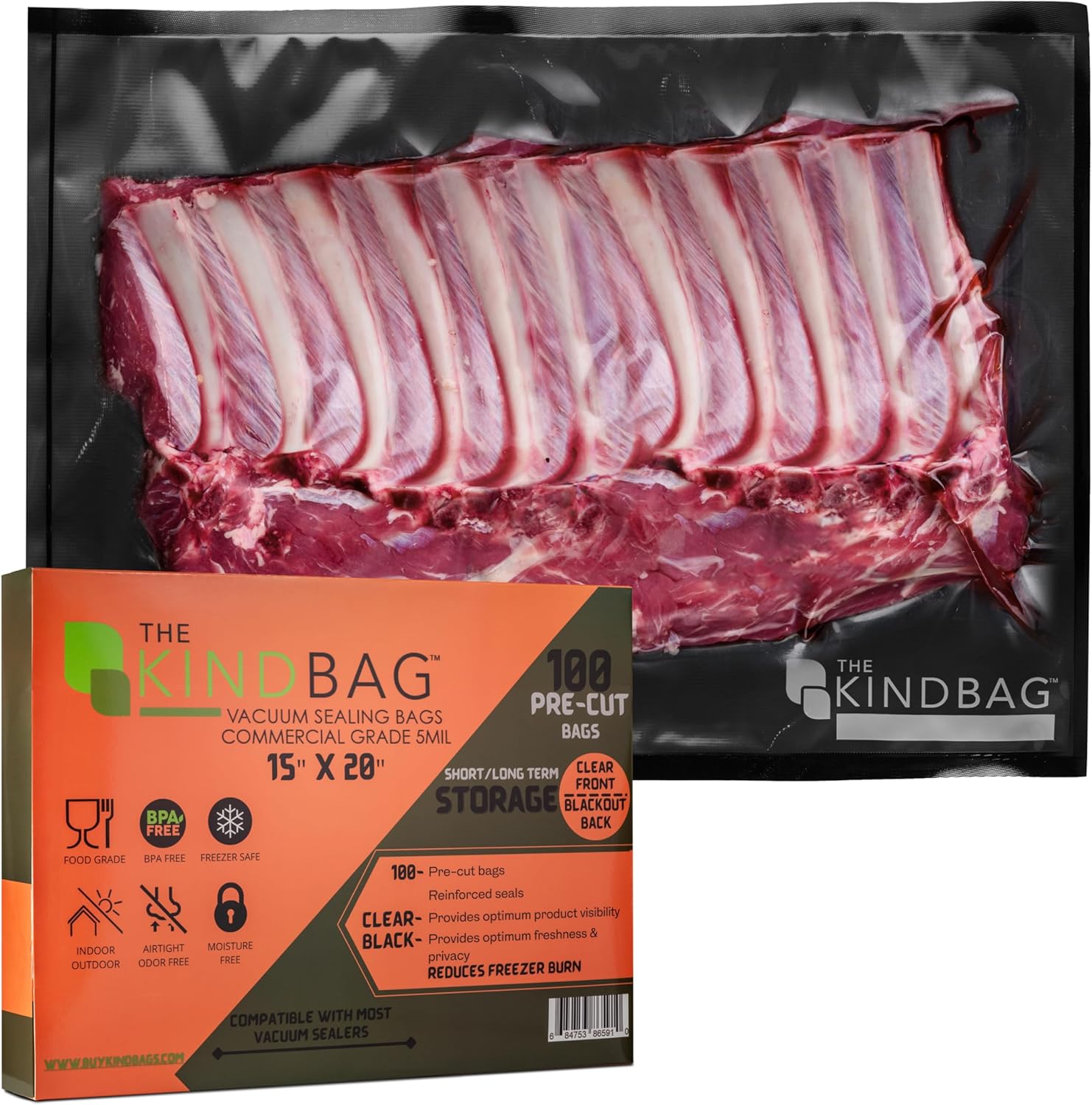 The Kind Bag Vacuum Seal Bags for Food; Food Grade, BPA Free & Freezer Safe; Airtight, Odor Free and Moisture Free; Commercial Grade 5mil Clear & Black; 15x20 inch Pre Cut Bags (100ct) 15 x 20 (100ct)
