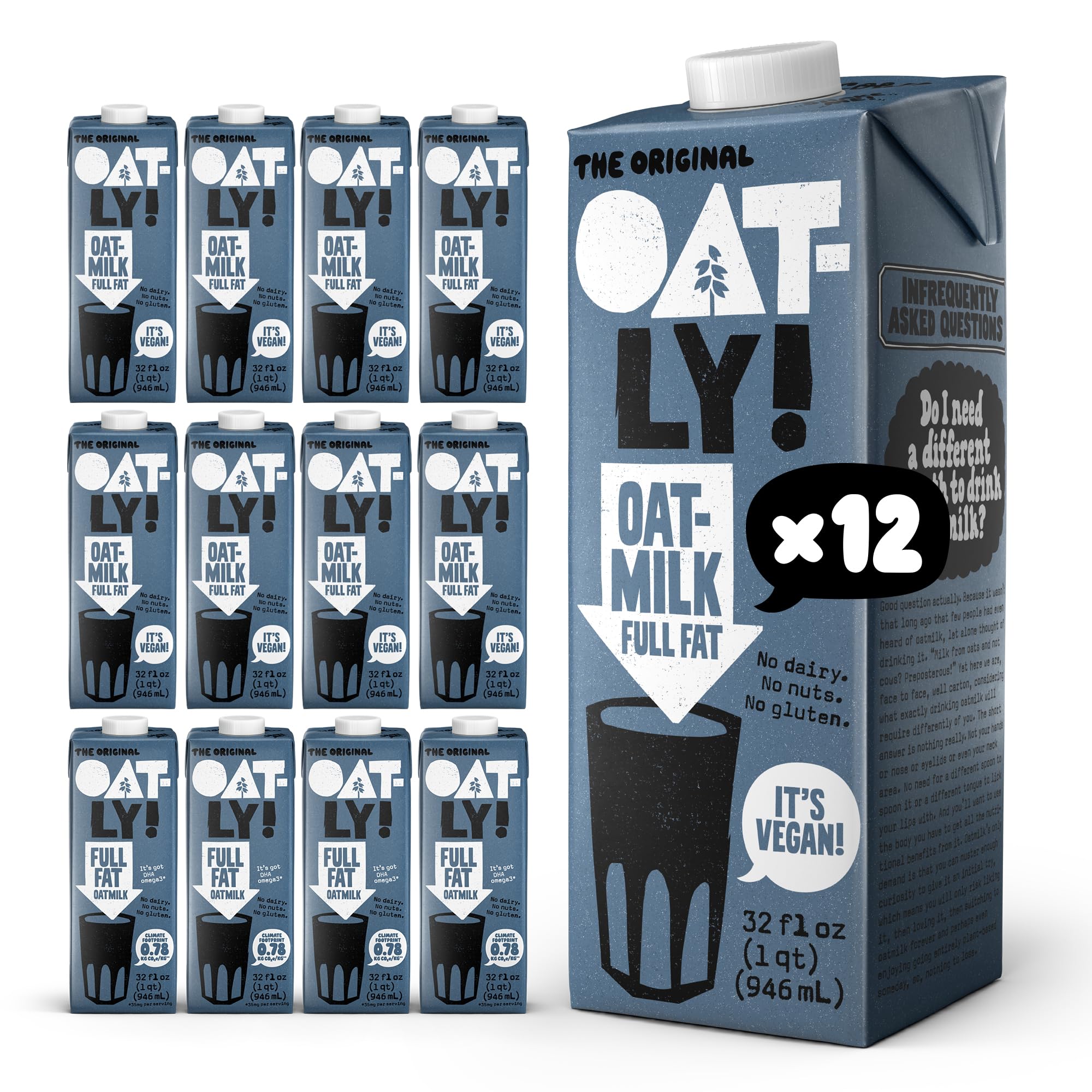 Oatly Full Fat Oatmilk – Creamy, Plant-Based Whole Milk Alternative | Dairy-Free, Vegan, Shelf-Stable, Non-GMO & Glyphosate Residue-Free | Only 1g Saturated Fat (32 oz, 12-Pack)