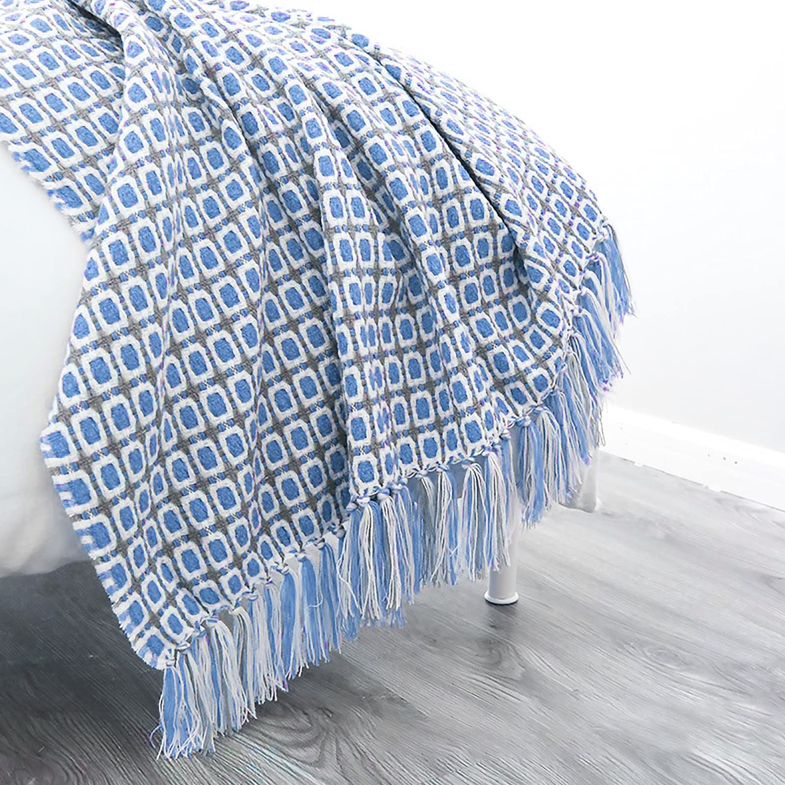 LumiSyne Knitted Throw Blanket Tassels Houndstooth Bohemian Check Soft Cozy Woven Blanket Sofa Throws Warm Armchair Cover Decorative Blanket For Couch Bed Settee 230x130cm