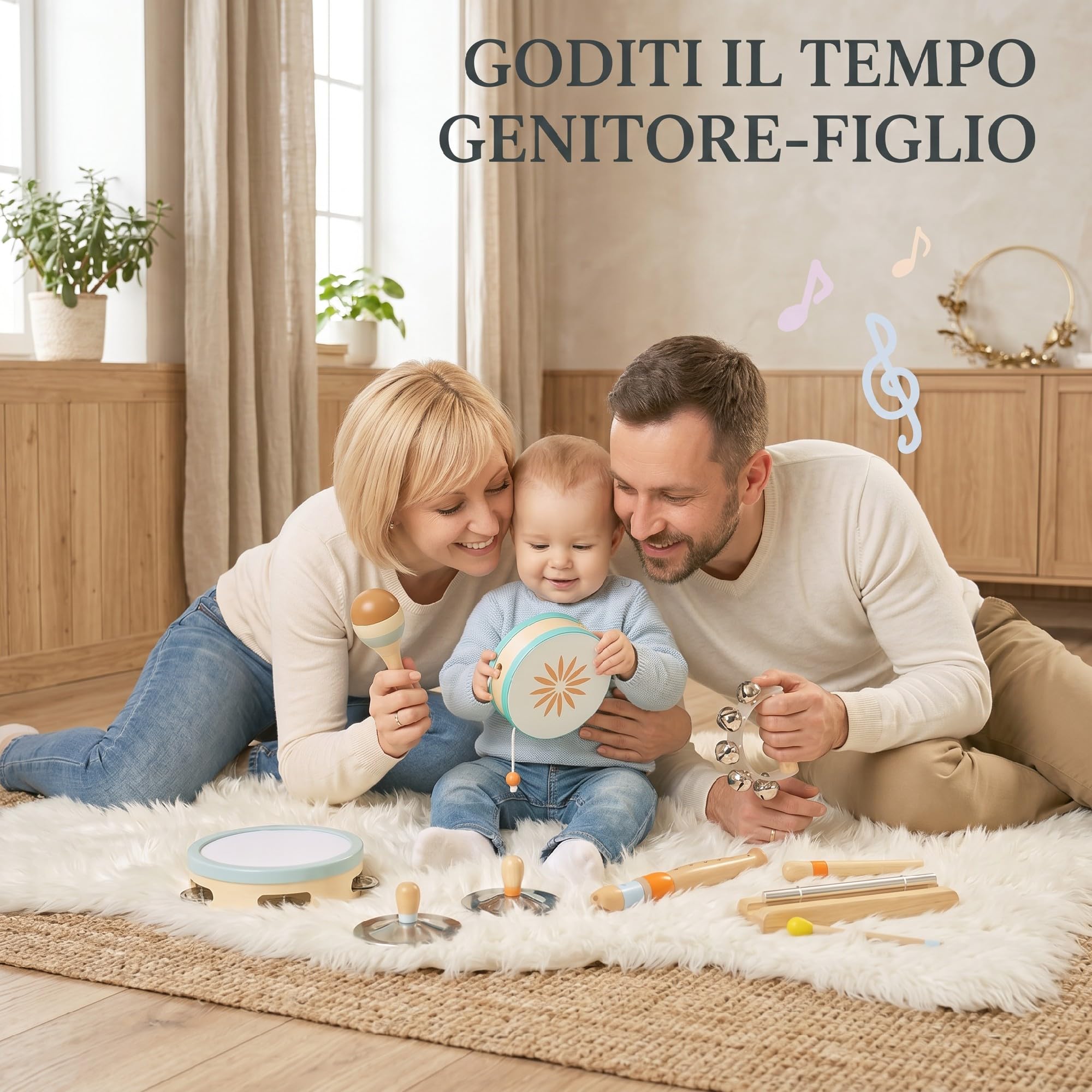 AIYAPLAY Strumenti Musicali per Bambini, Set Percussione Montessori | in Legno, con Tamburello e Maracas, Giocattoli Musicali per Bambini 3+, Regalo per Ragazze e Ragazzi