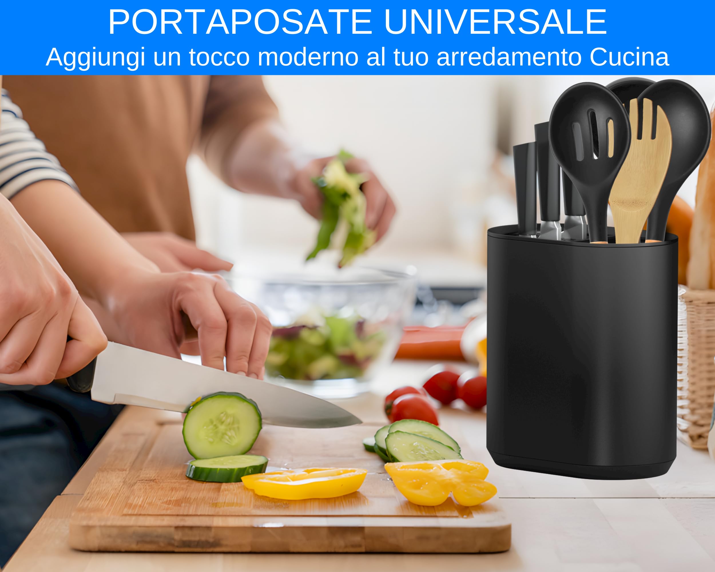 Porta Mestoli e Ceppo Coltelli da Cucina, Porta Utensili Moderno in Plastica Nero Opaco, Organizzatore per Coltelli e Mestoli, Design Compatto e Elegante