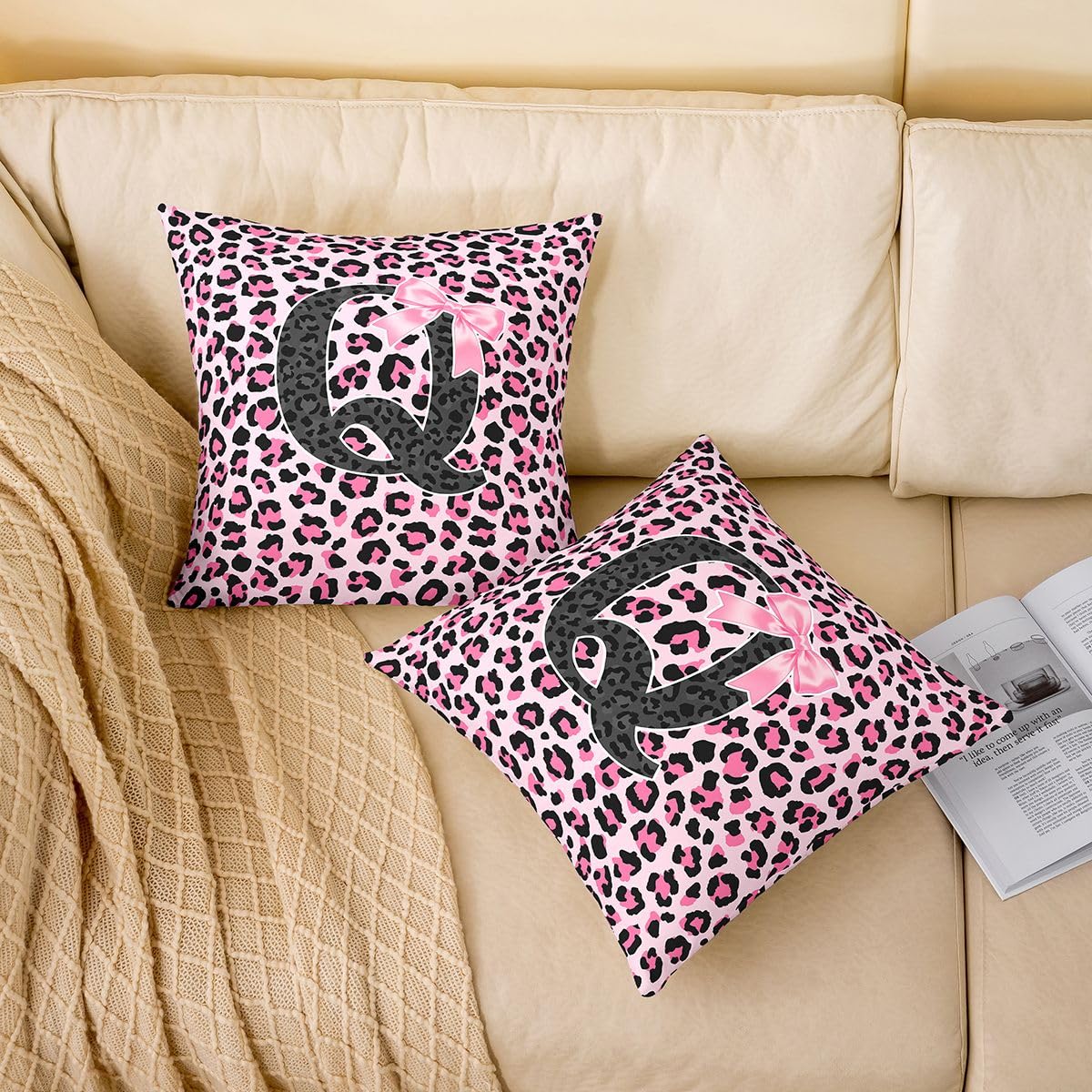 Loussiesd Juego de 4 fundas de almohada decorativas de leopardo rosa y negro de 50 x 50 cm, con lazo de coqueta, para sofá, cama, funda de cojín con lazo de guepardo, decoración del hogar