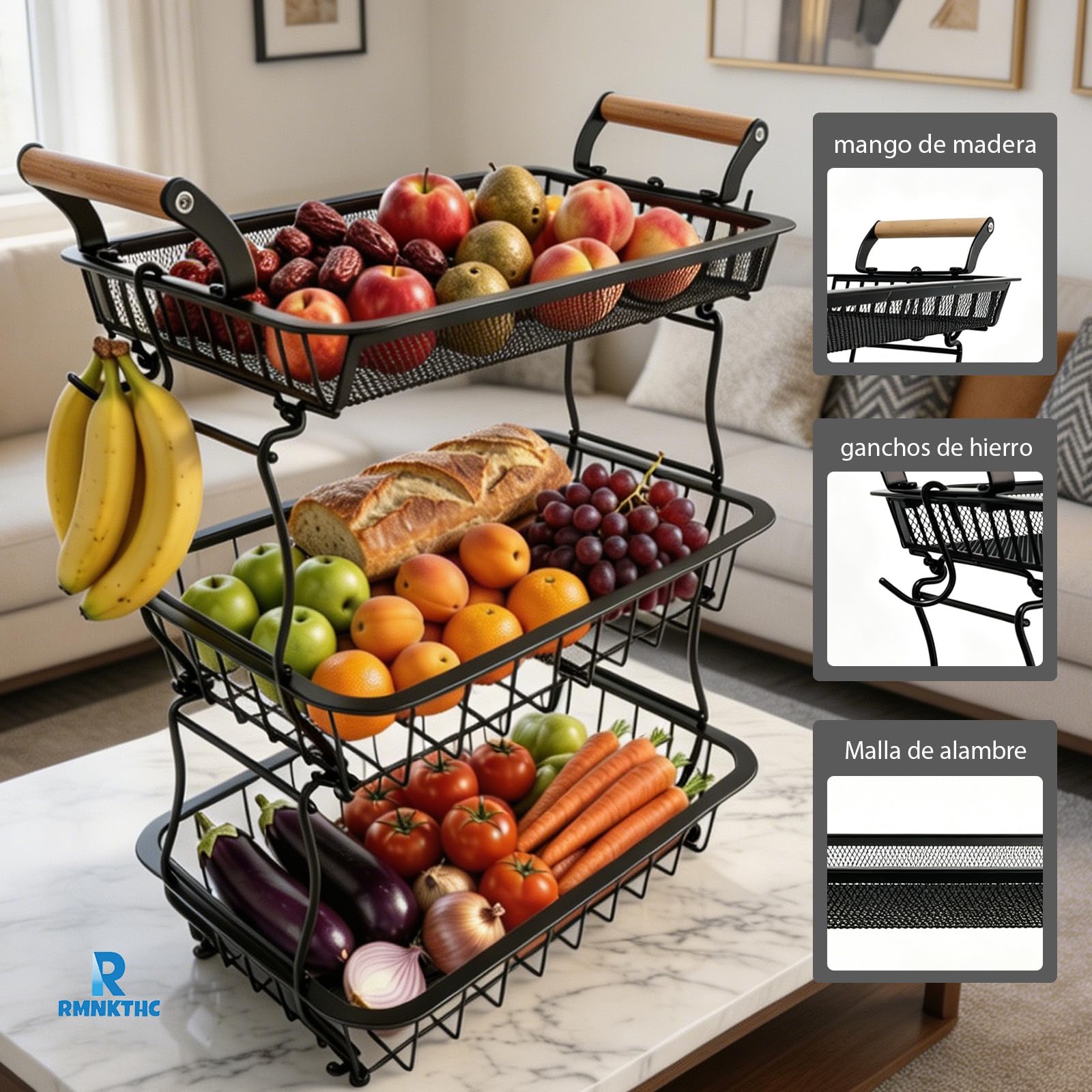 Cesta de Frutero de 3 Niveles, Soporte de Frutas de malla con 2 Ganchos para Plátanos, Encimera de Cocina, Aparador, Despensa, para Almacenar Pan, Aperitivos, Frutas y Verduras (Negro)