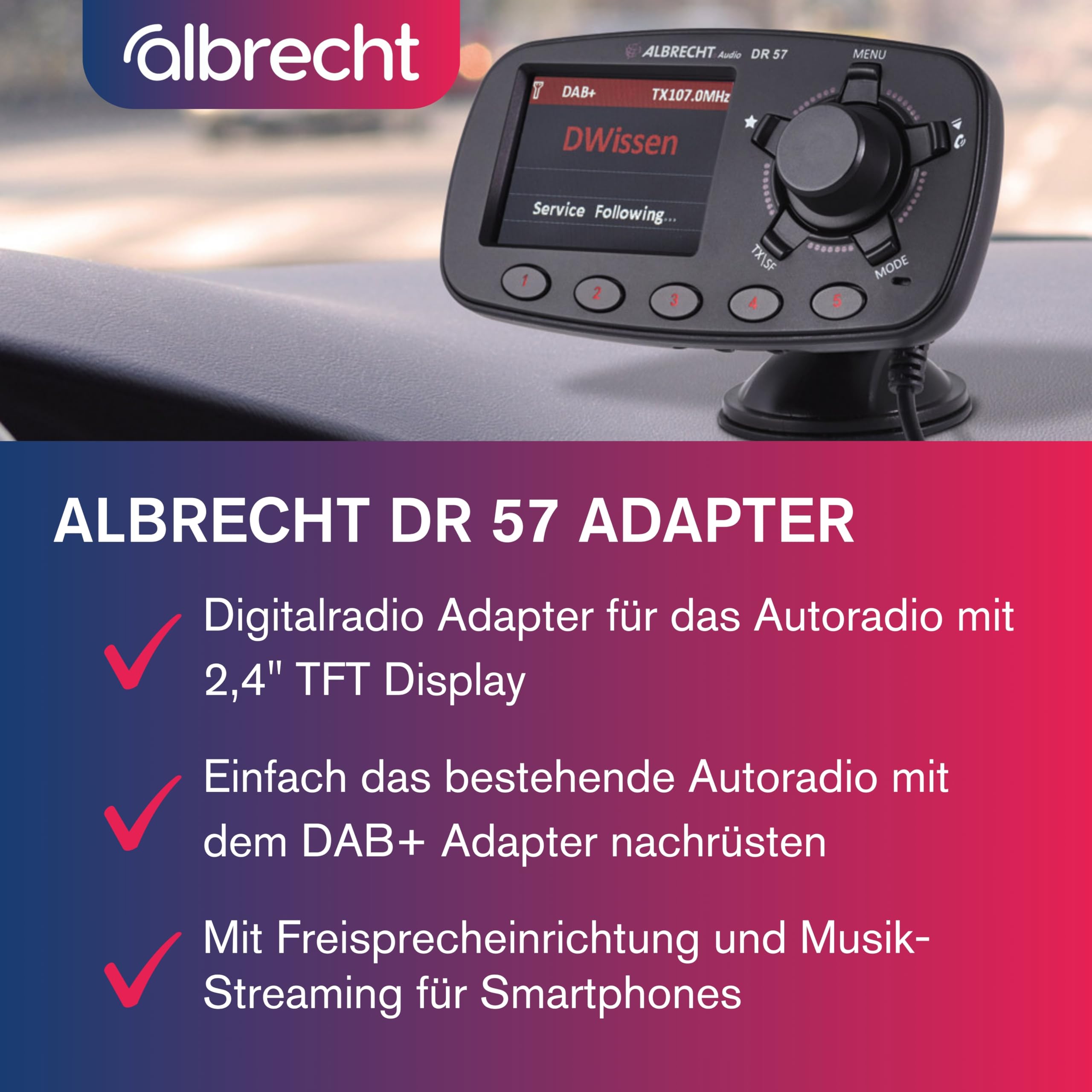 Albrecht DR 57 Adapter zum Aufrüsten von Auto-Radios, 27257, FM-Transmitter für DAB+ Sender und Bluetooth-Verbindung vom Smartphone zum UKW-Radio, schwarz