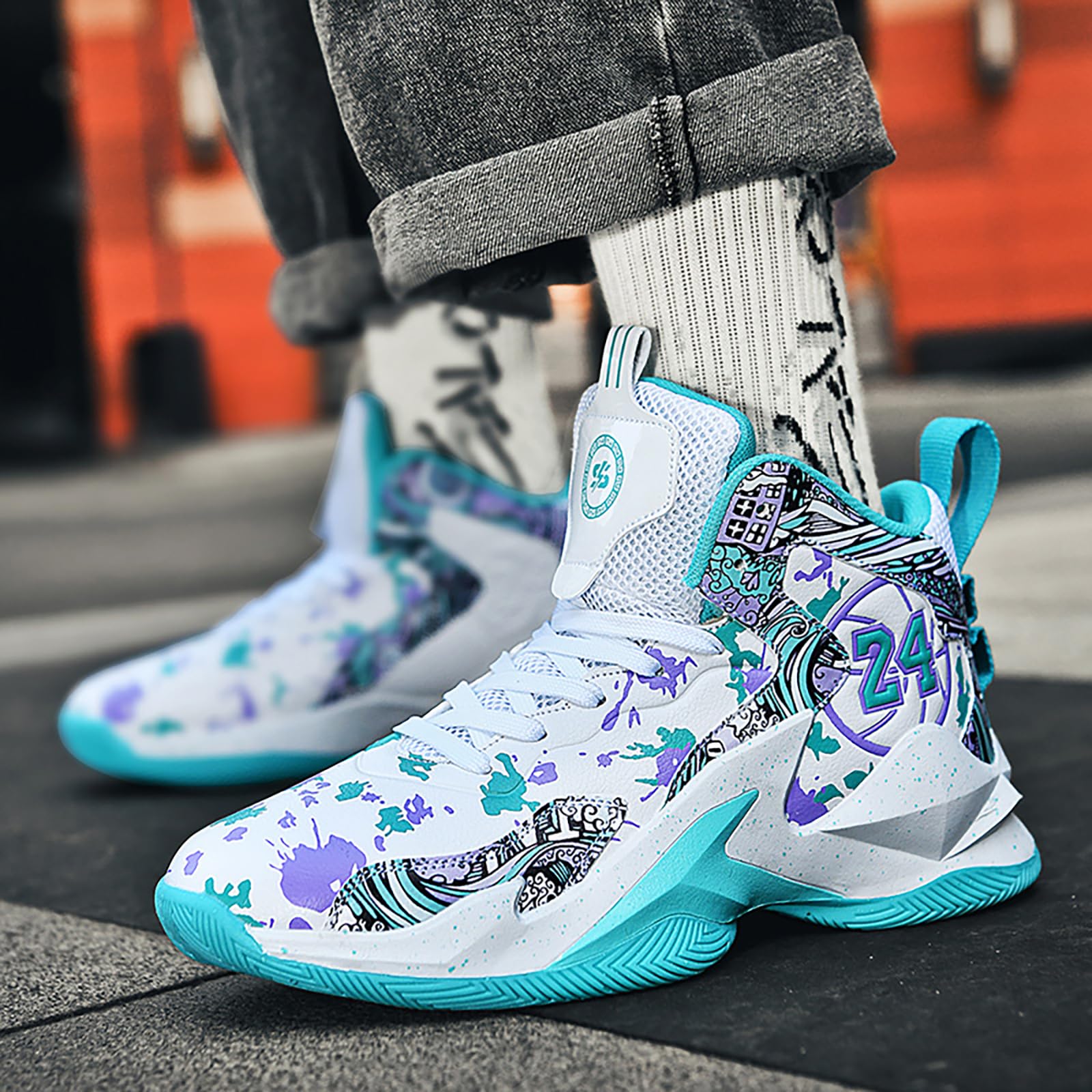 Herren Basketballschuhe leichte atmungsaktive High Top Turnschuhe Damen Laufen Anti-Rutsch Mode Graffiti Training Schuhe