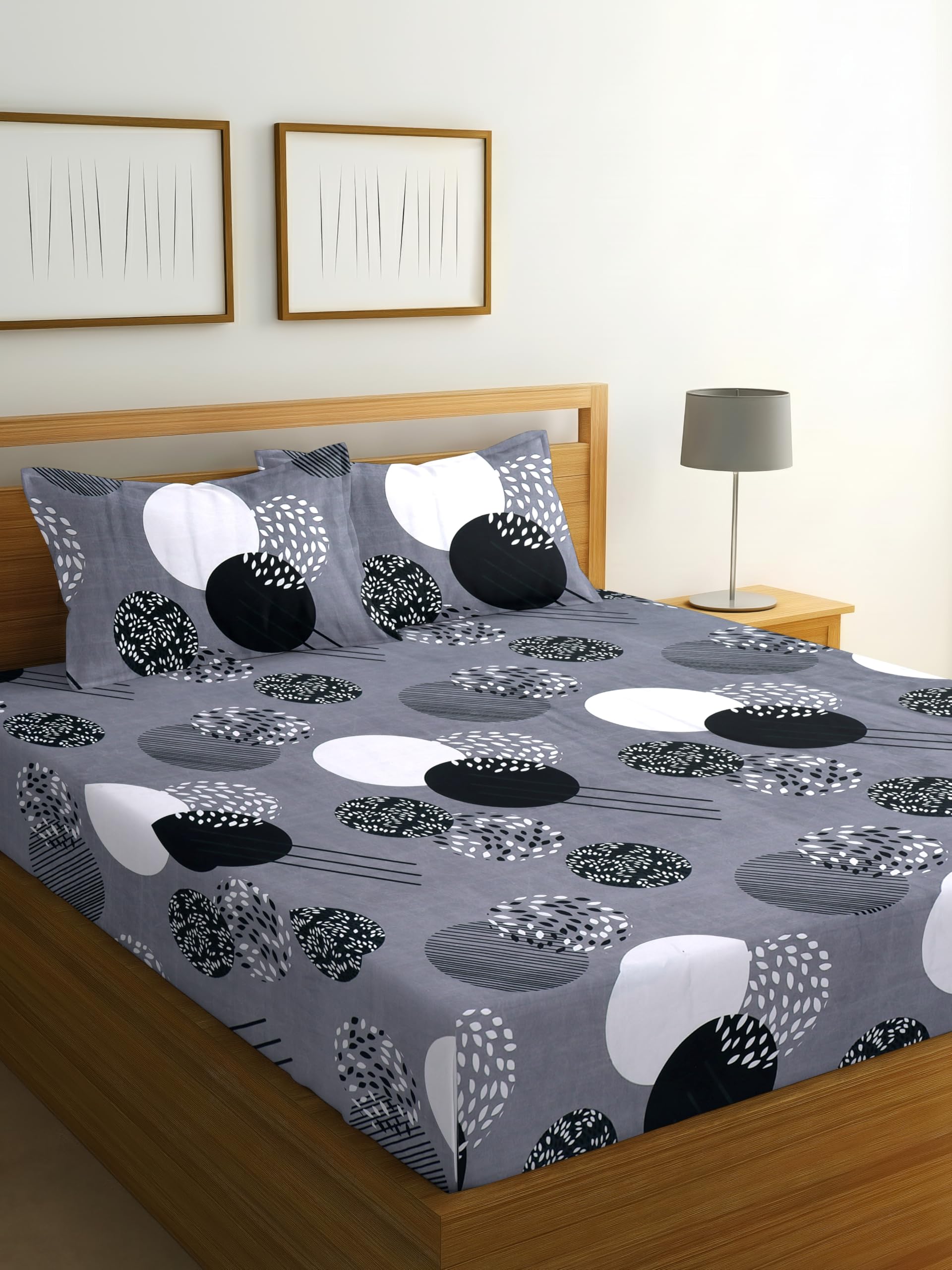 Barchitta Double Bed Fitted Bedsheet with 2 Pillow Covers, Grey Geometric | Circle Print Design, Elastic Fitted Sheet, Black & White Pattern, Double Bed Size, 3-Piece Set-image-37