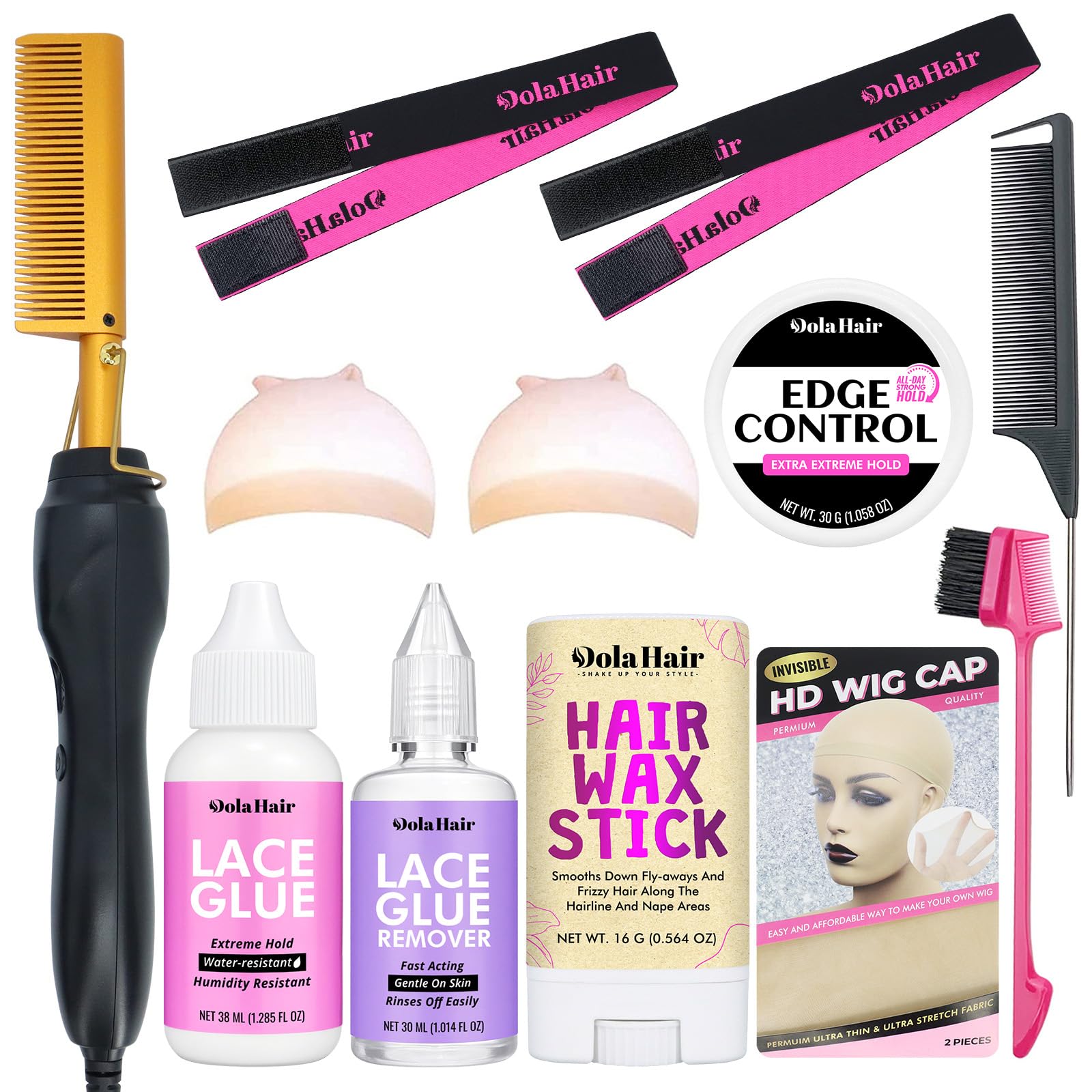 Dolahair Electric Hot Comb for Wigs Hair Straightener Electric Pressing Combs Lace Front Wigs Flat Iron Comb Lace Melting Band wig kit with hot comb wig installation kit