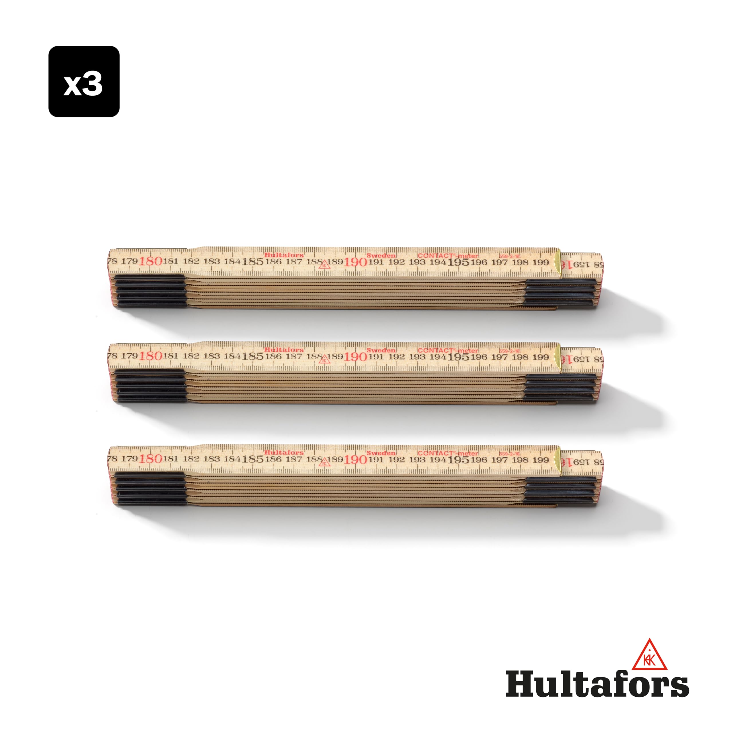 Lot de 3 mètres de contact I Hultafors I Mètre à maillons 2 m avec graduation inversée pour les mesures ajustées I Fabriqué en Suède I 3 x 2 m Mètre pliant en bouleau I 101804