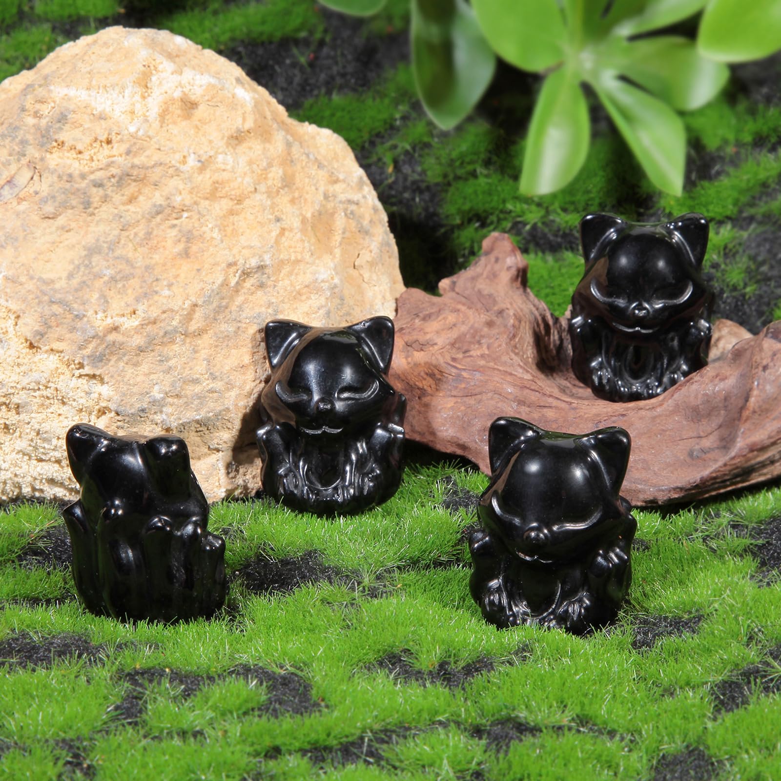 Nupuyai 2pcs Fox Mini Black Obsidian Crystal Stone Statue Carved Animal Figure - Image 4