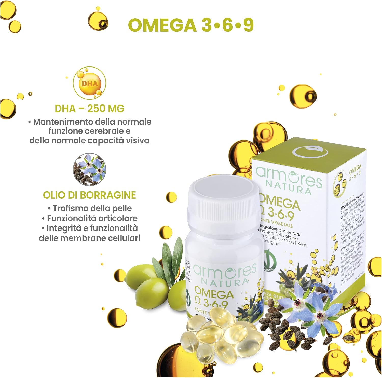 Armores Natura Integratori Alimentari, Omega 3-6-9, Integratore per il  Benessere Cardiovascolare, a Base di DHA Algale, Olio di Oliva e Olio di  Semi di Borragine, Vegano, 30 Softgel Vegetali : Amazon.it: Salute