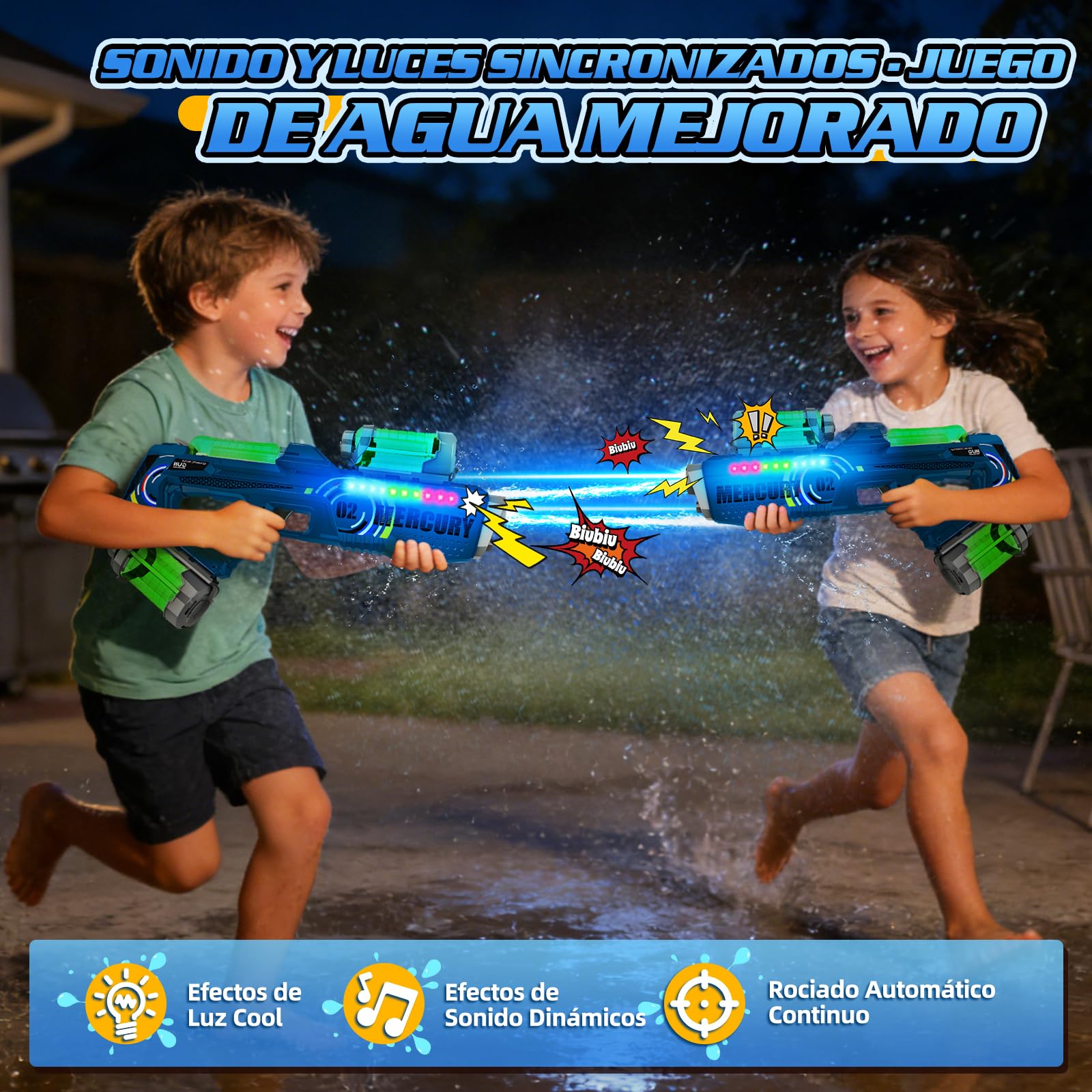 FORMIZON Pistola de Agua Eléctrica, Pistola de Agua de Largo Alcance con Luces y Efectos Musicales, Pistolas de Agua Automática para Niños y Adultos Verano, Playa, Piscina