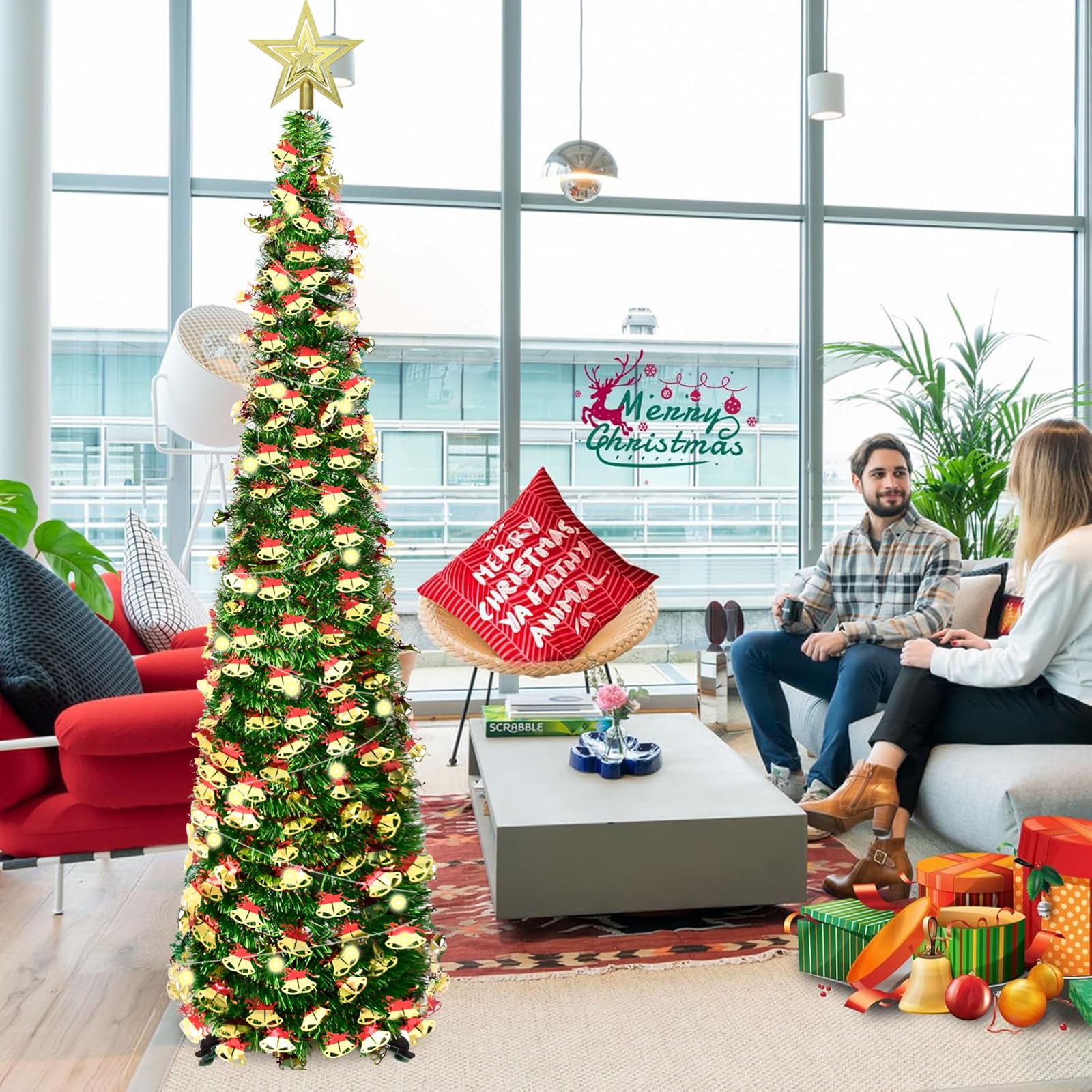 150cm arbol de Navidad Plegable,con strella Superior y 5 m de Luces de Hadas,Montaje rápido, Plegable, Decoraciones navideñas para casa, Chimenea, Oficina, Tienda, Hotel,Lentejuelas de Campana